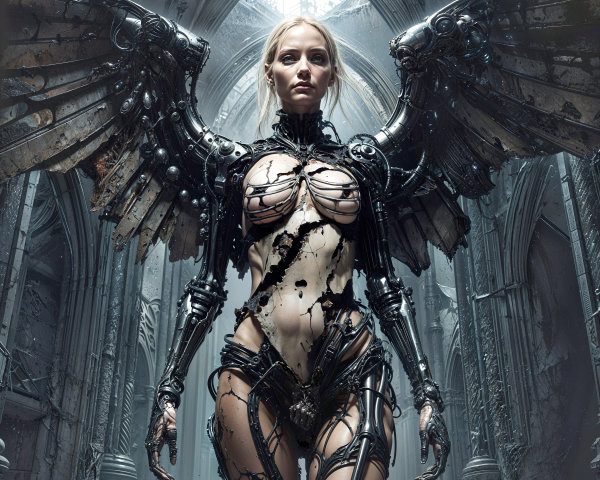 Futuristic figure with mechanical wings in a cathedral