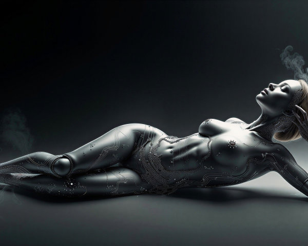 Futuristic Metallic Humanoid Figure with Circuitry Design