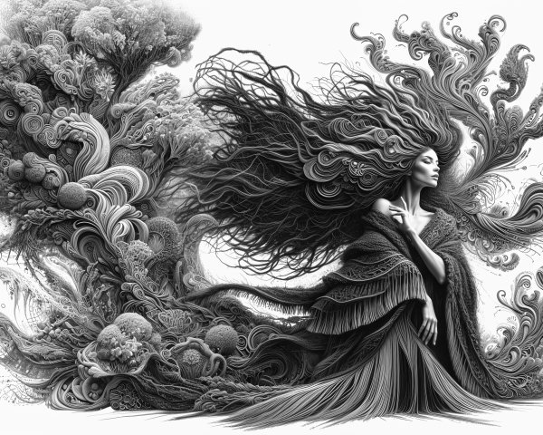 Monochromatic Illustration of Woman in Abstract Landscape