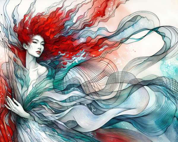 Ethereal Woman with Fiery Hair and Colorful Gown