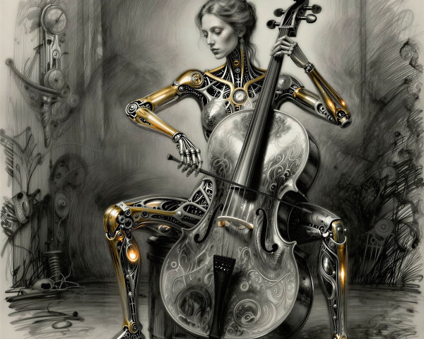 Black and White Steampunk Cyborg Cello Sketch