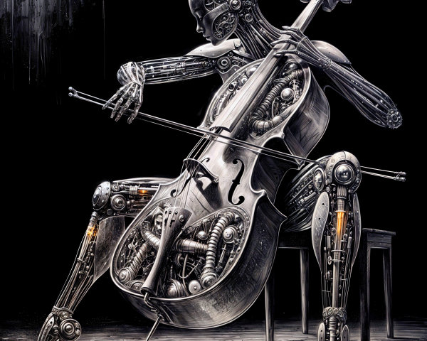 Futuristic Robot Playing Cello in Dark Background