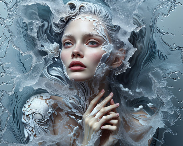 Ethereal Figure in Water with Flowing Waves and Light