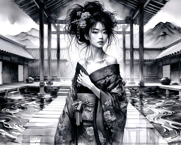 Black-and-White Illustration of a Woman in Kimono