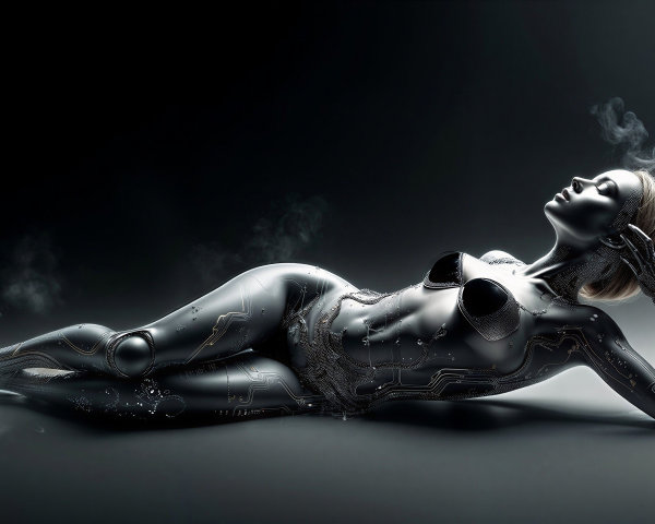 Futuristic Humanoid Figure on Dark Surface with Smoke