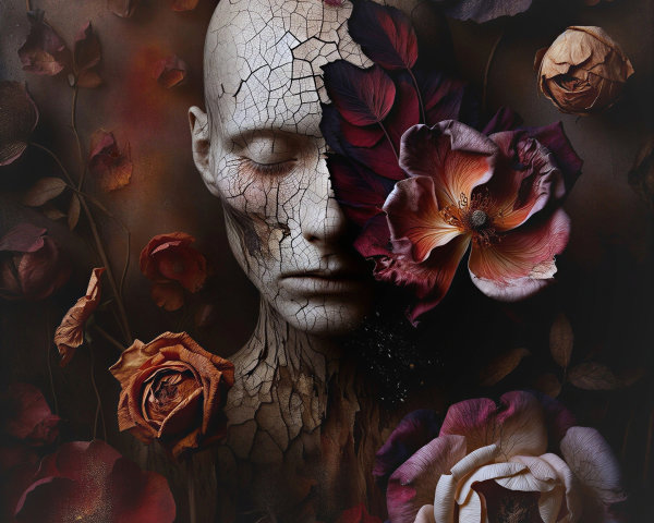 Surreal Human Face Merging with Dark Flowers