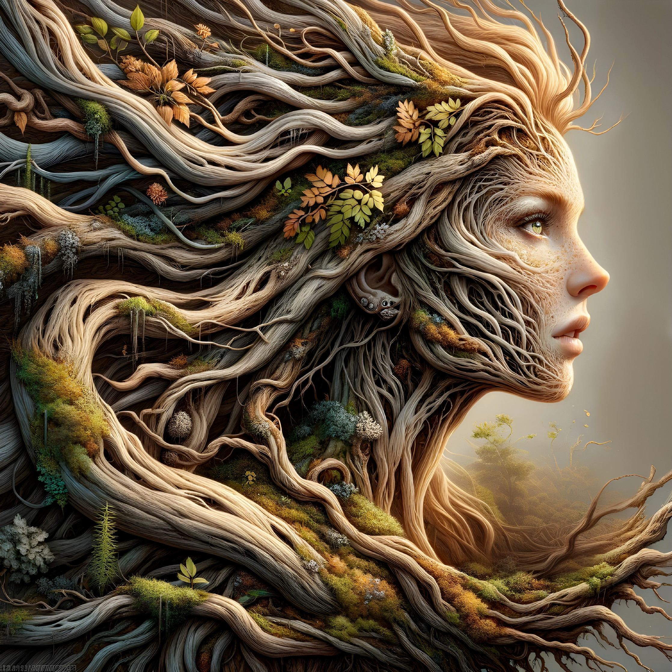 Surreal Figure with Tree Roots and Foliage Elements