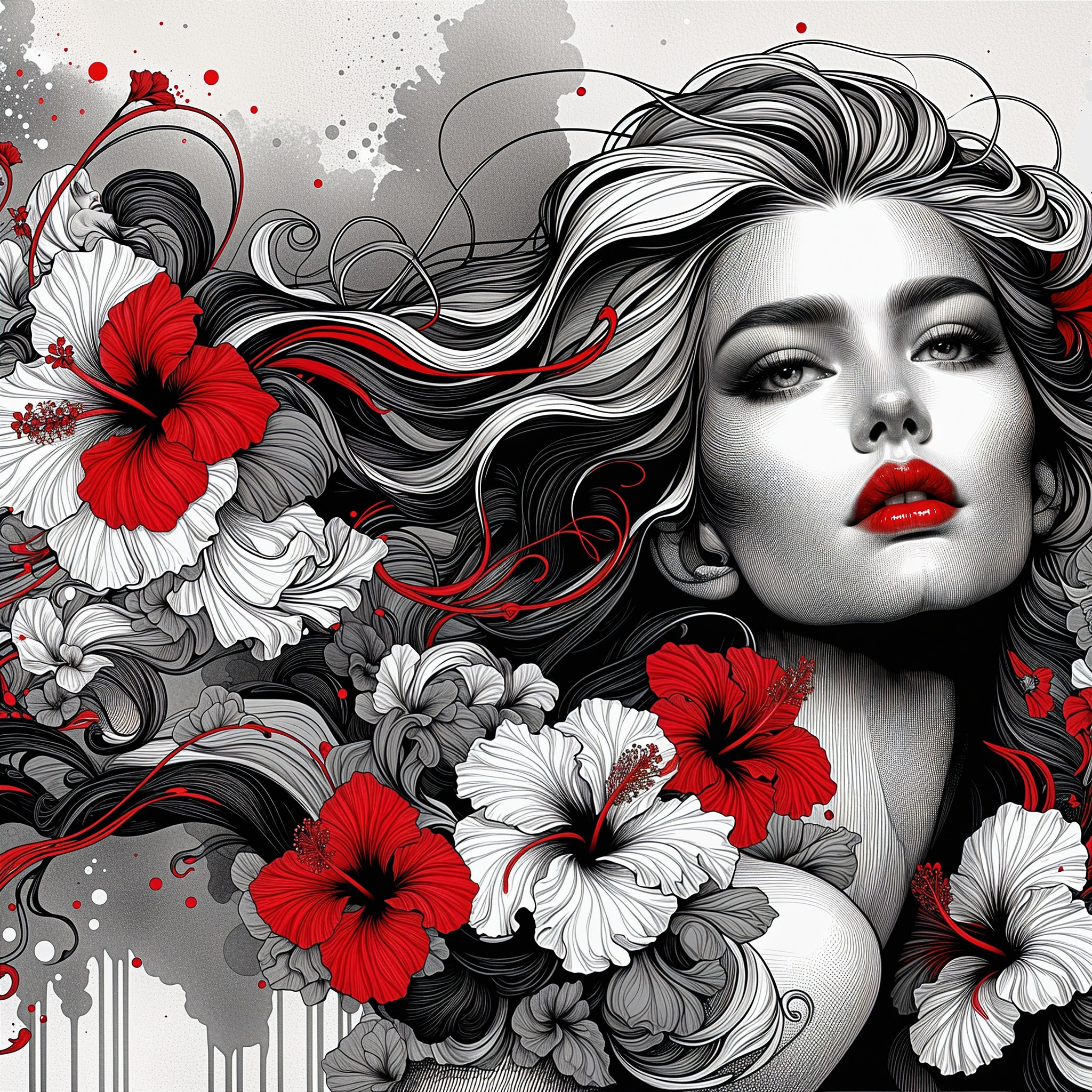Portrait of a Woman with Hibiscus Flowers and Hair
