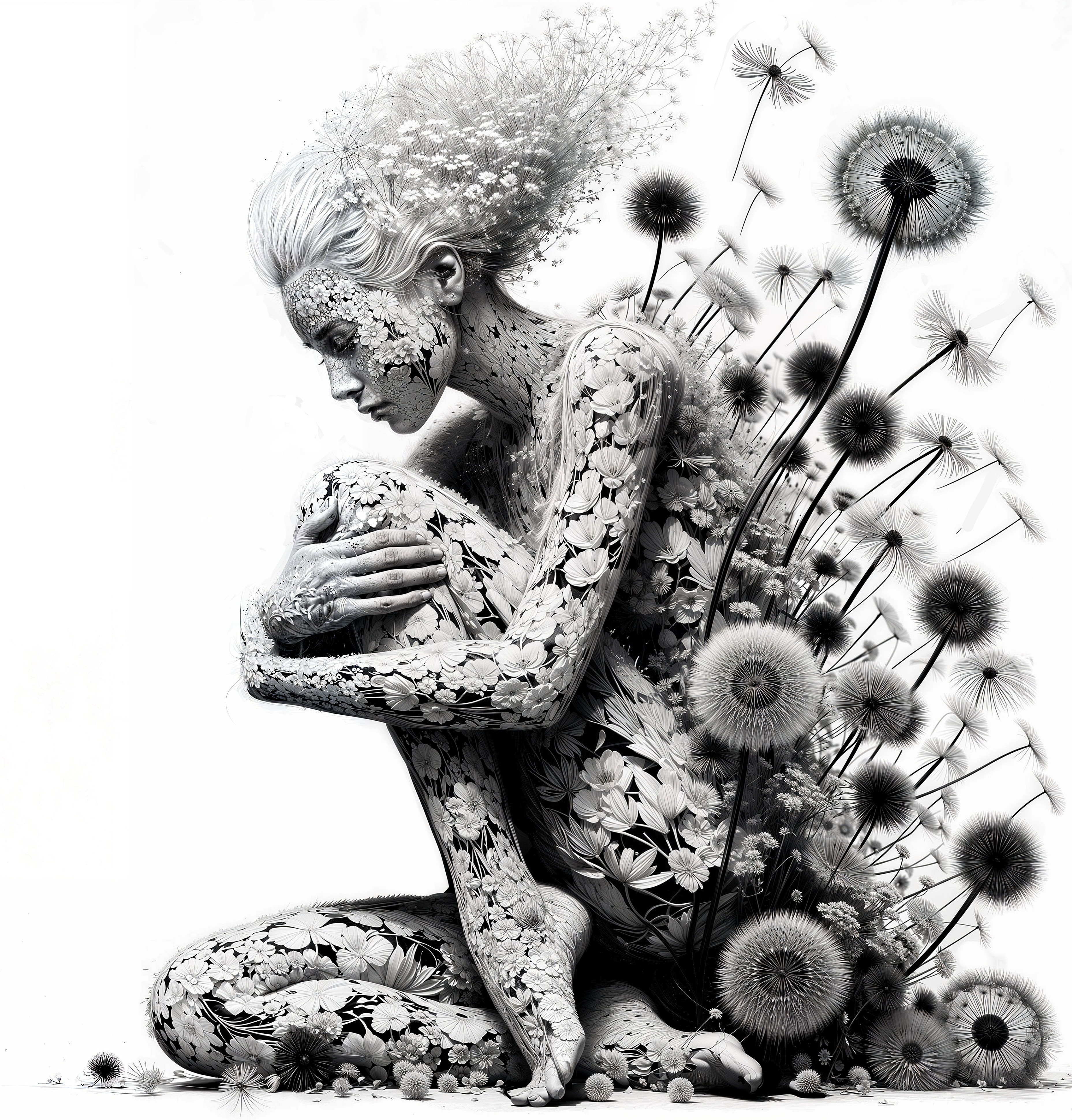 Monochrome Artwork of Figure Entwined with Nature