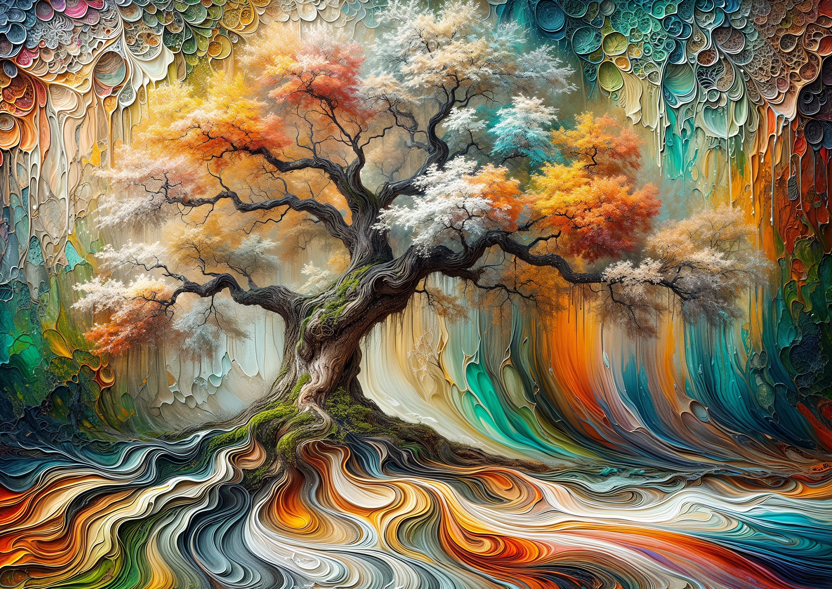 Vibrant Abstract Artwork of a Majestic Tree and Landscape