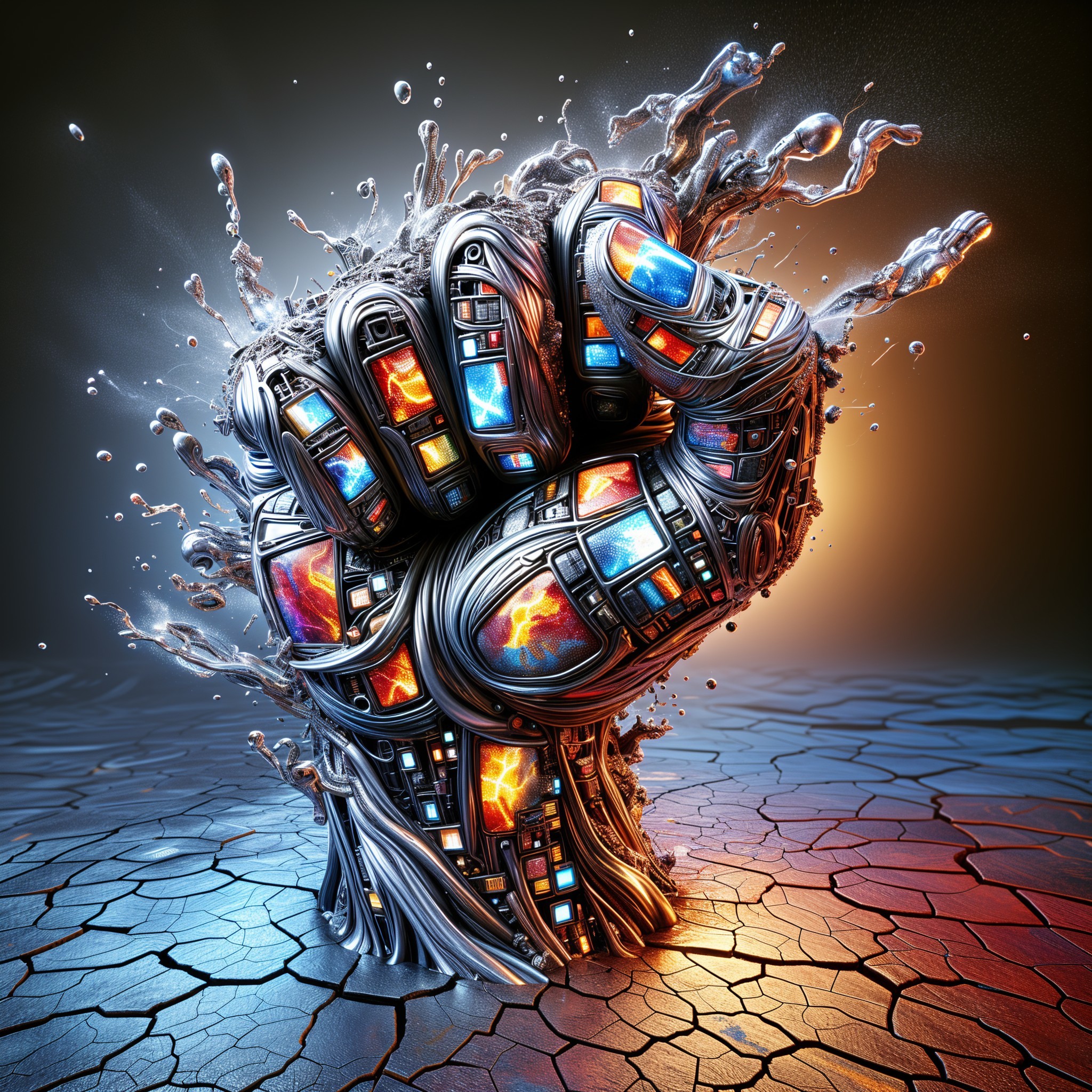 Robotic Fist Emerges from Cracked Earth with Water Splash