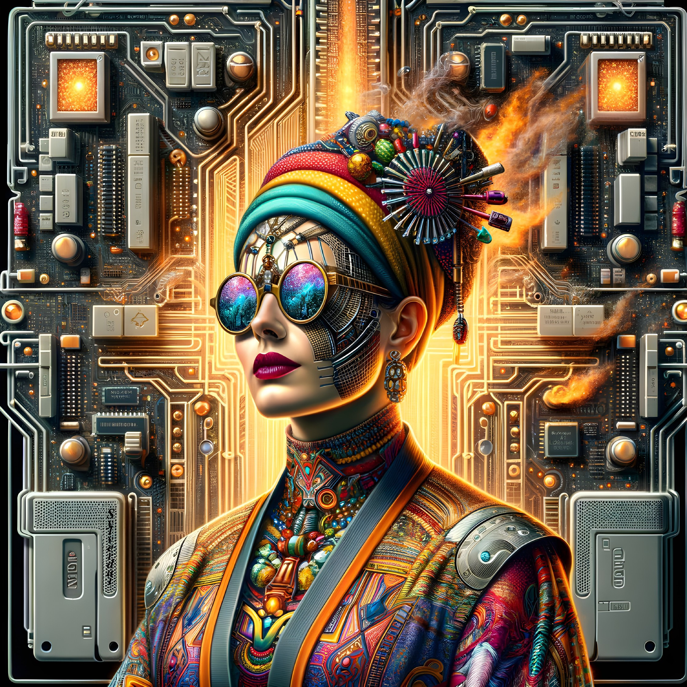 Cyberpunk-themed digital art of a woman with intricate tattoos and motherboard background