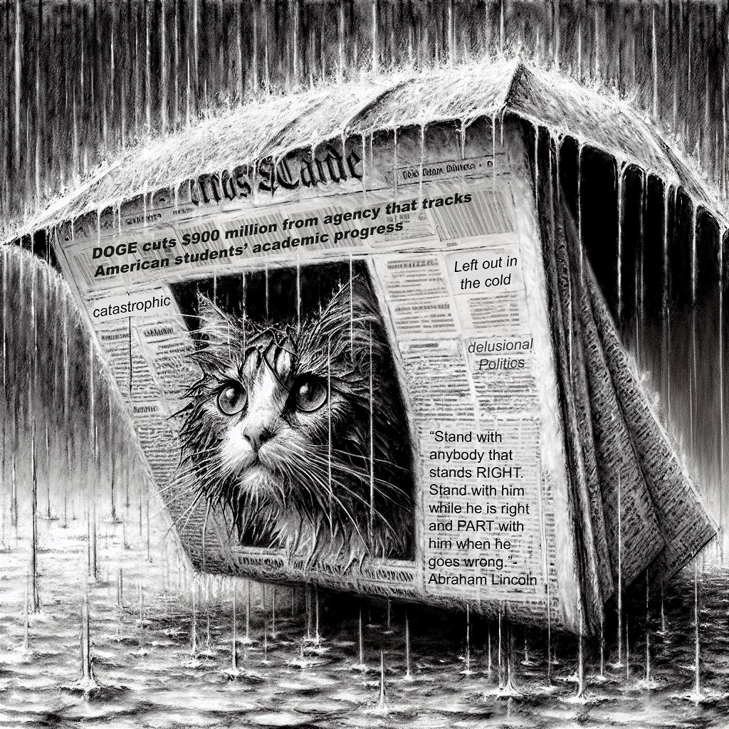 Wet Cat Under Newspaper Shelter with Serious Headlines