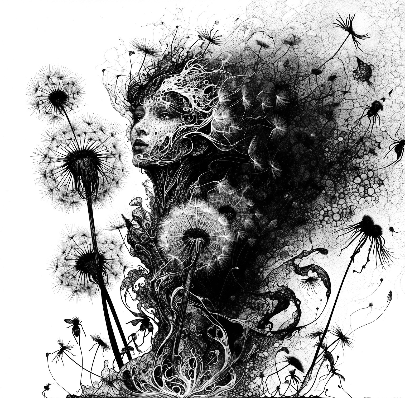 Black and White Illustration of Ethereal Female Figure