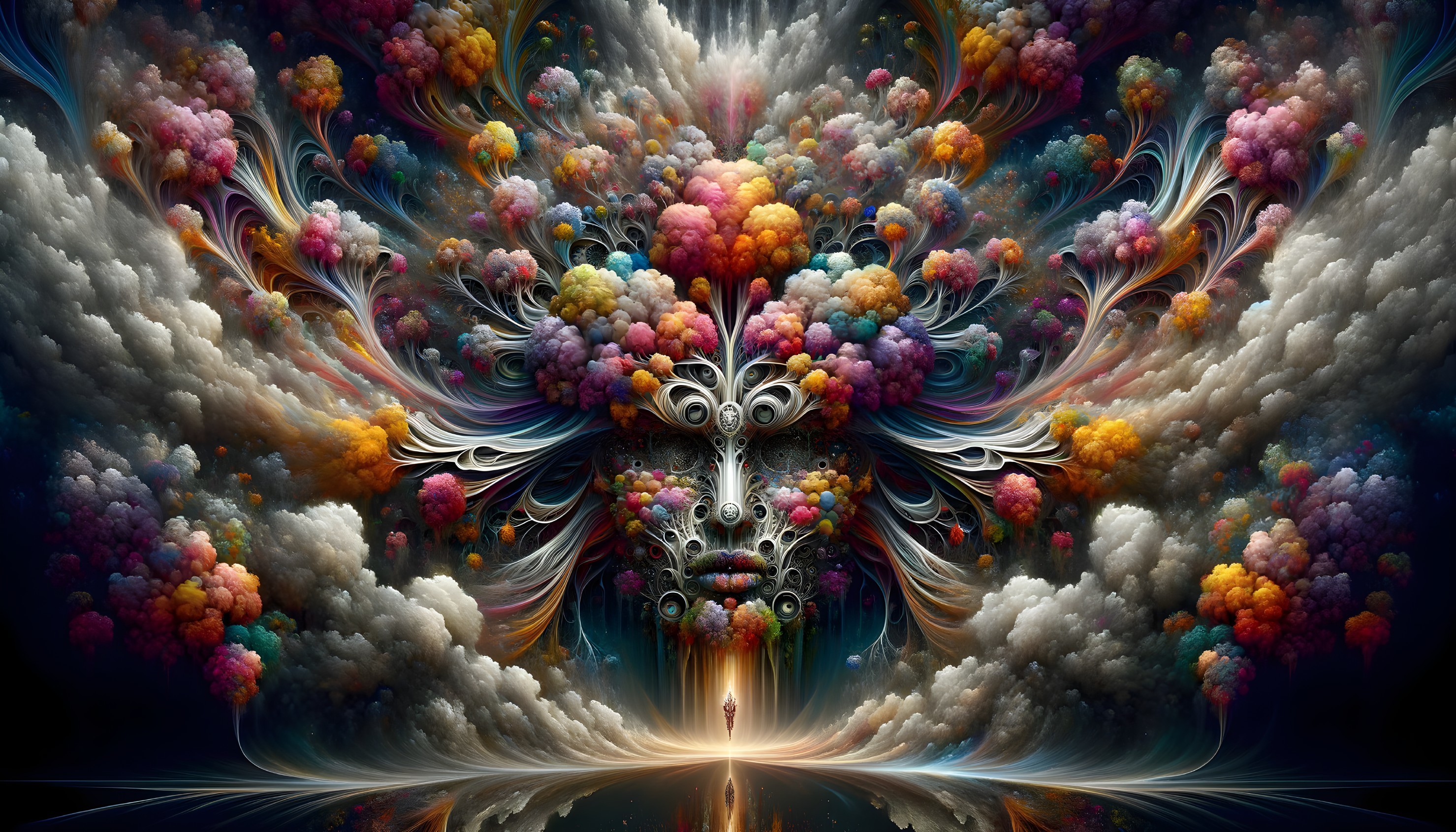 Symmetrical abstract artwork with colorful cloud-like formations.