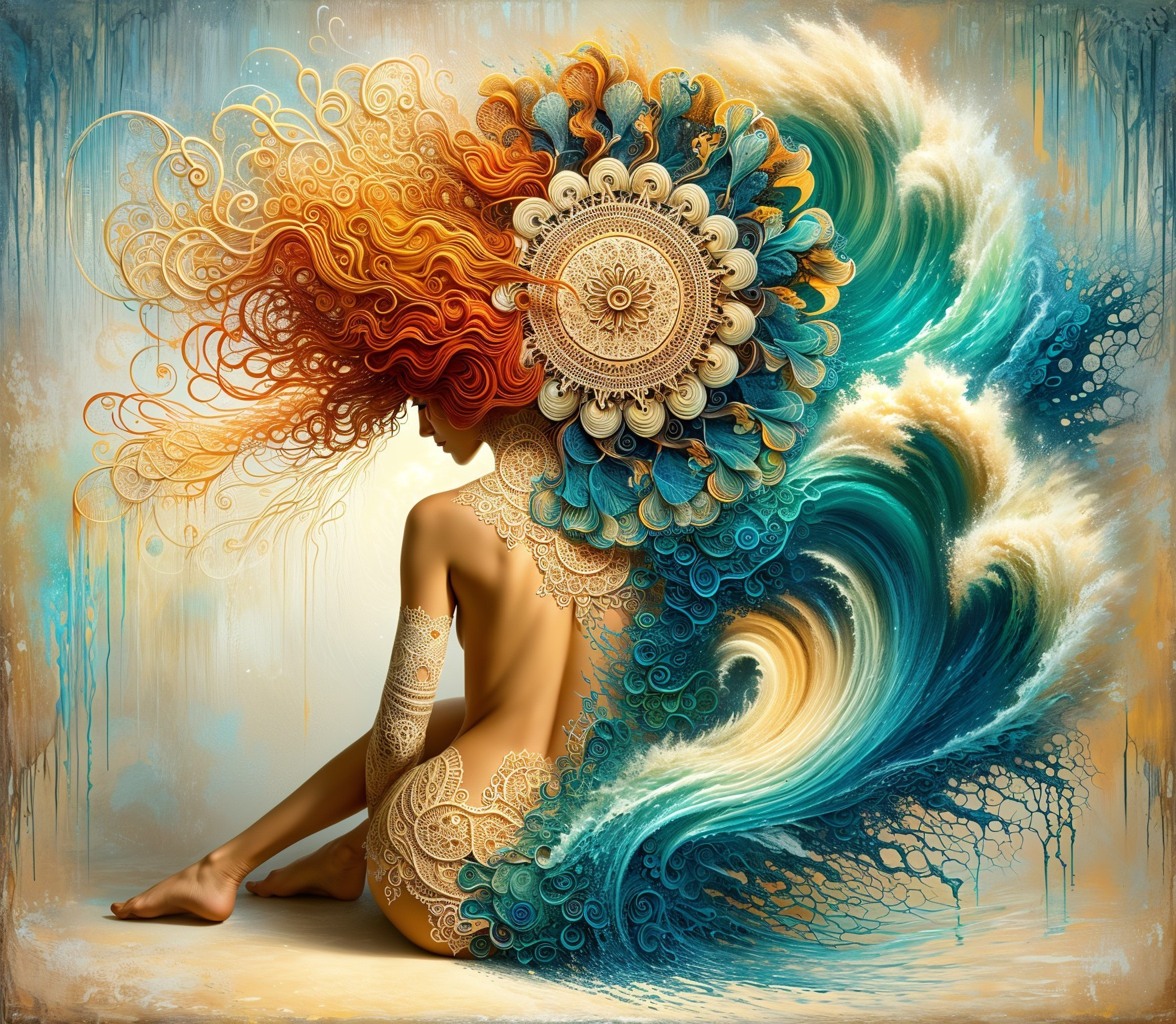 Artistic Representation of Figure with Ocean Waves