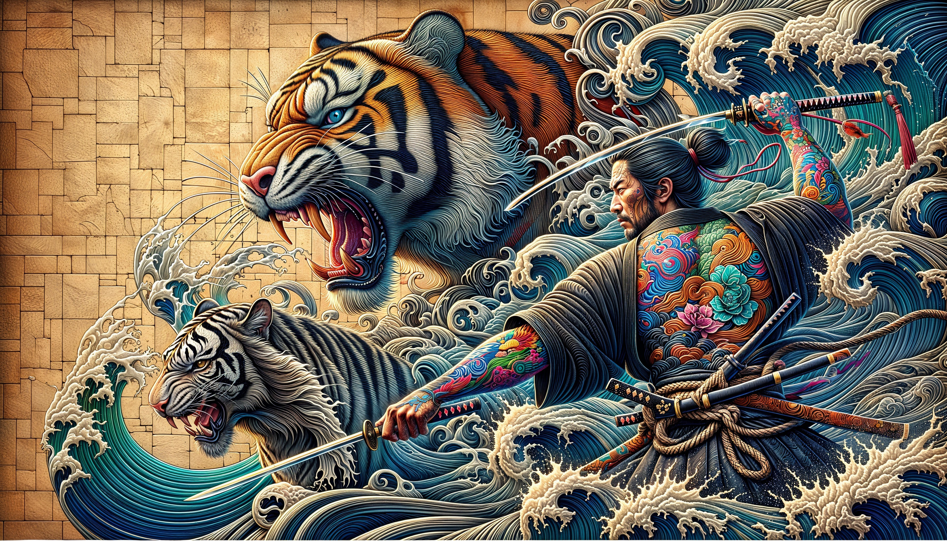 Samurai with Katana Amidst Waves and Roaring Tigers