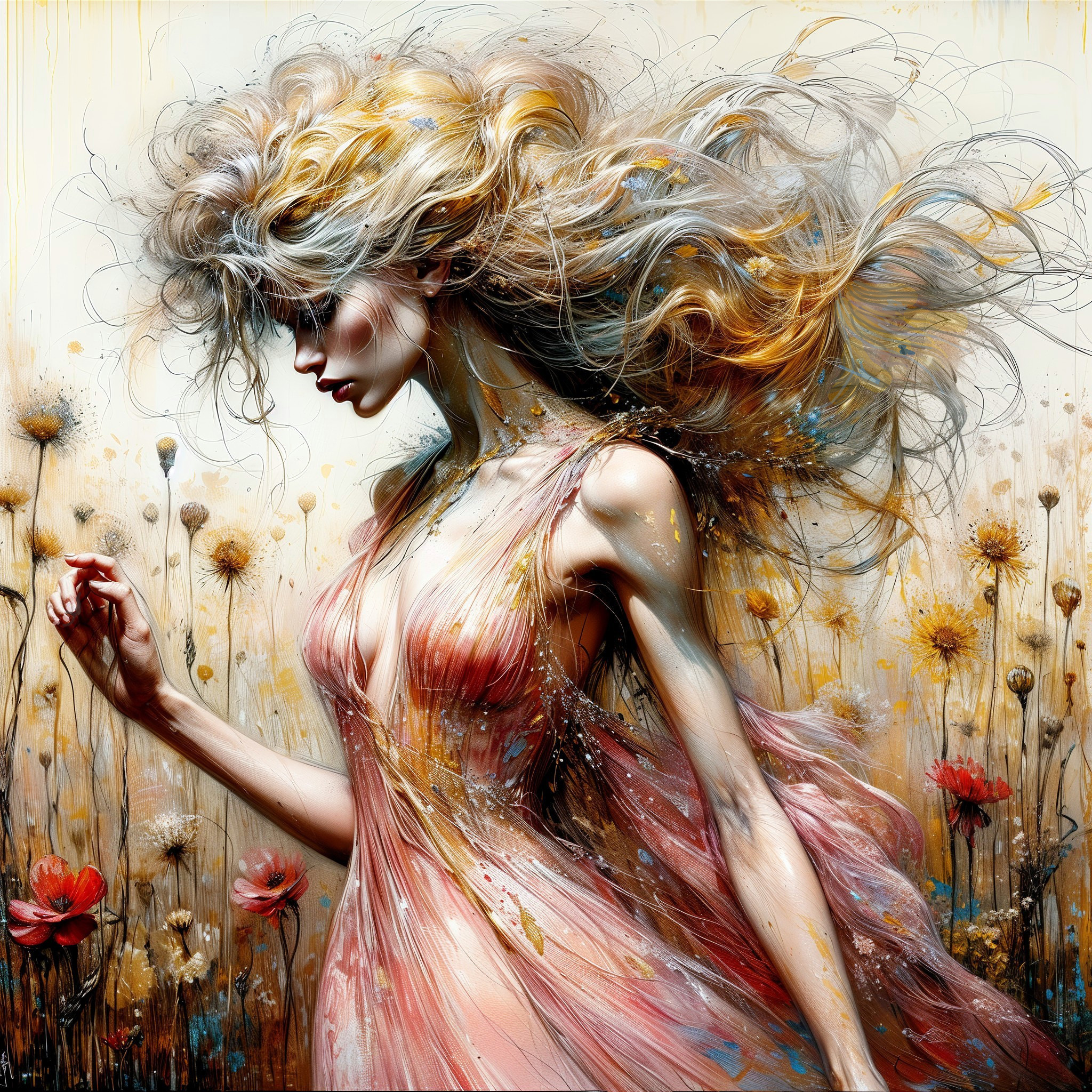 Ethereal Woman in Floral Field with Golden Hair