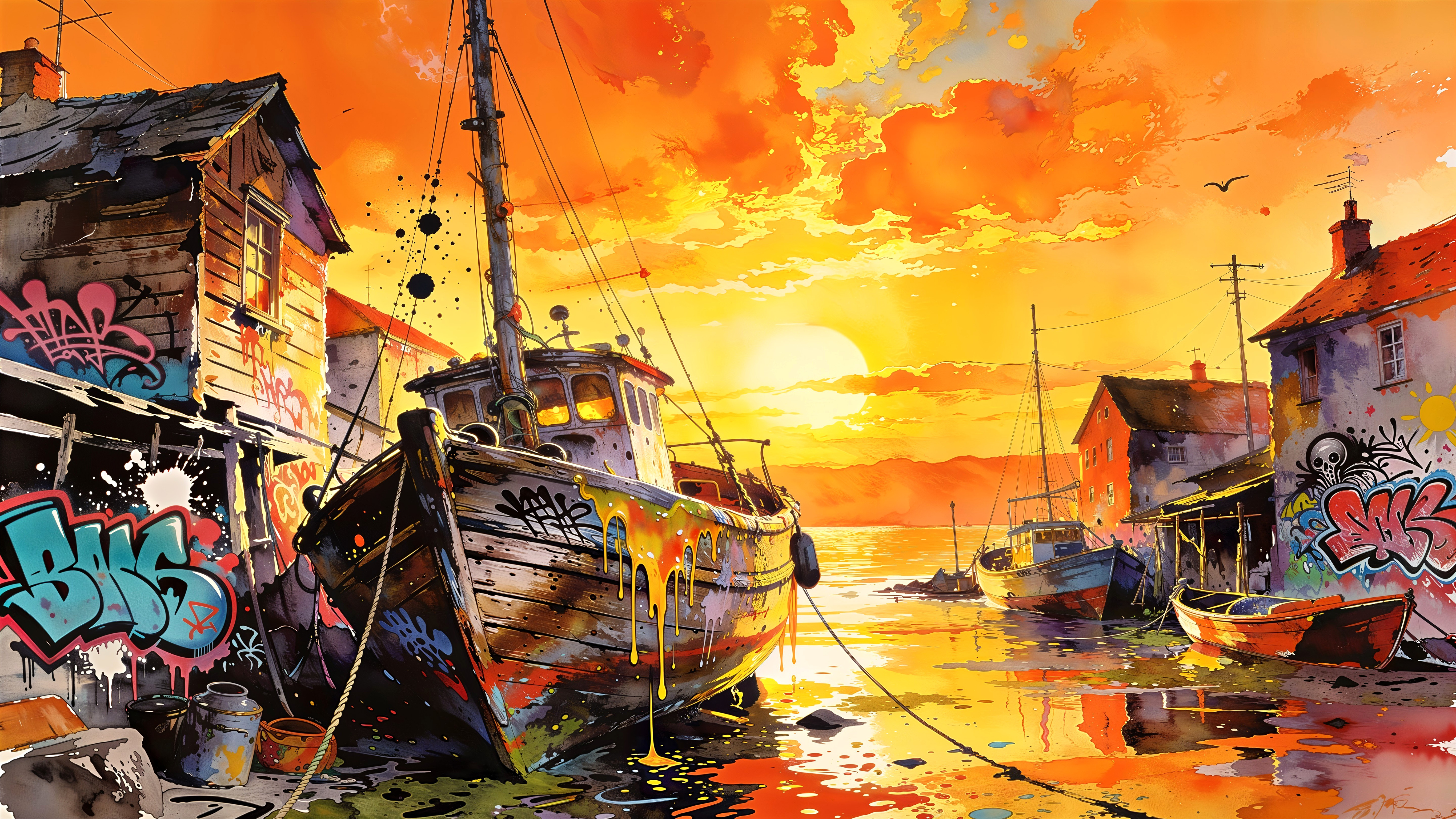Vibrant Watercolor Harbor Scene at Sunset