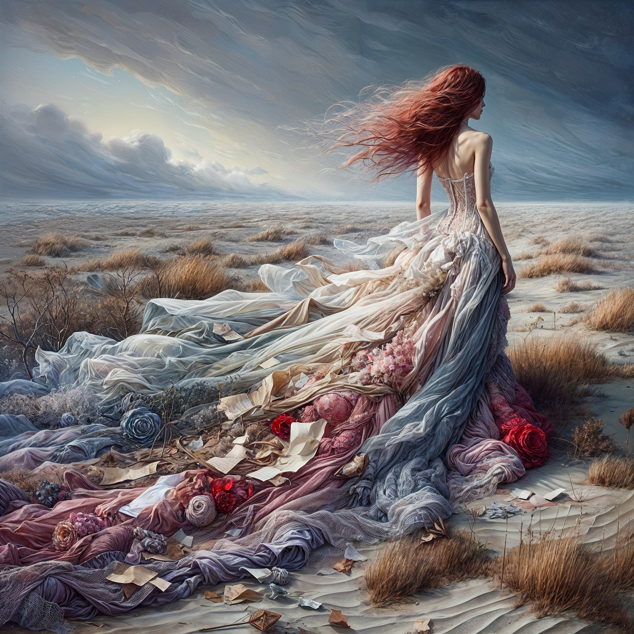 Solitary Figure in Windswept Landscape with Gown