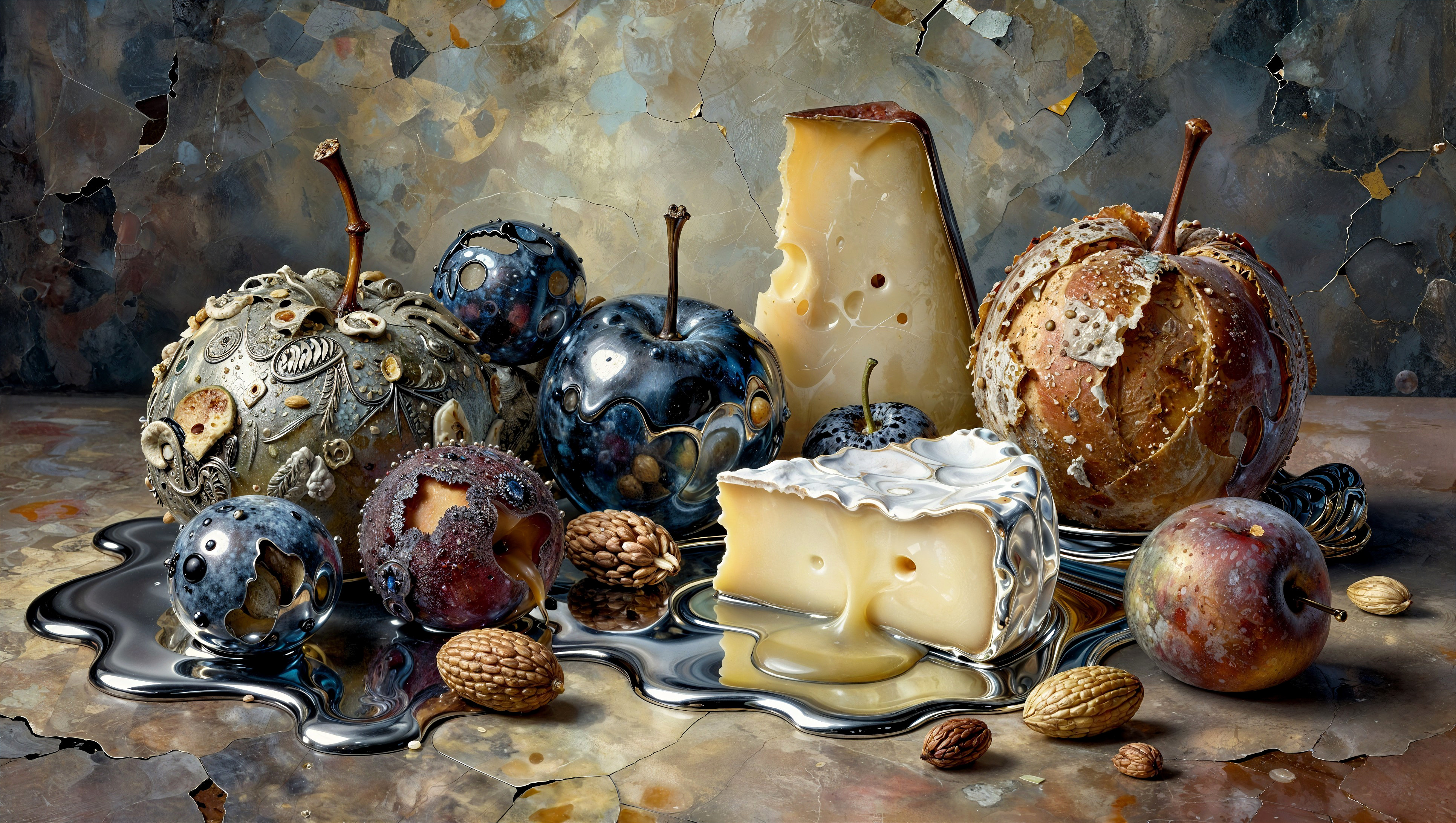 Surreal Still-Life with Ornate Apple and Textured Surface