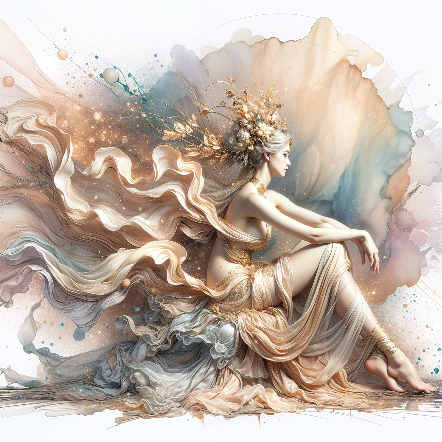 Ethereal Figure in Pastel Drapery and Watercolor Hues