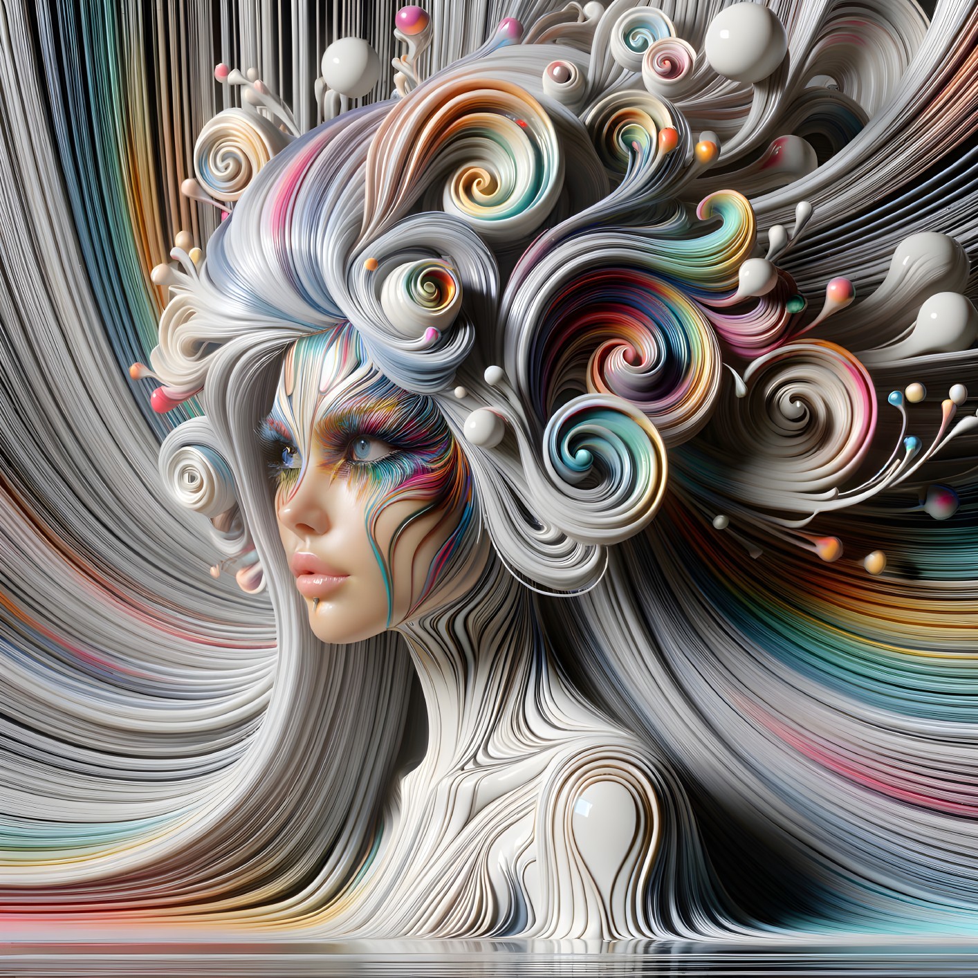 Colorful surreal portrait of female figure with abstract patterns