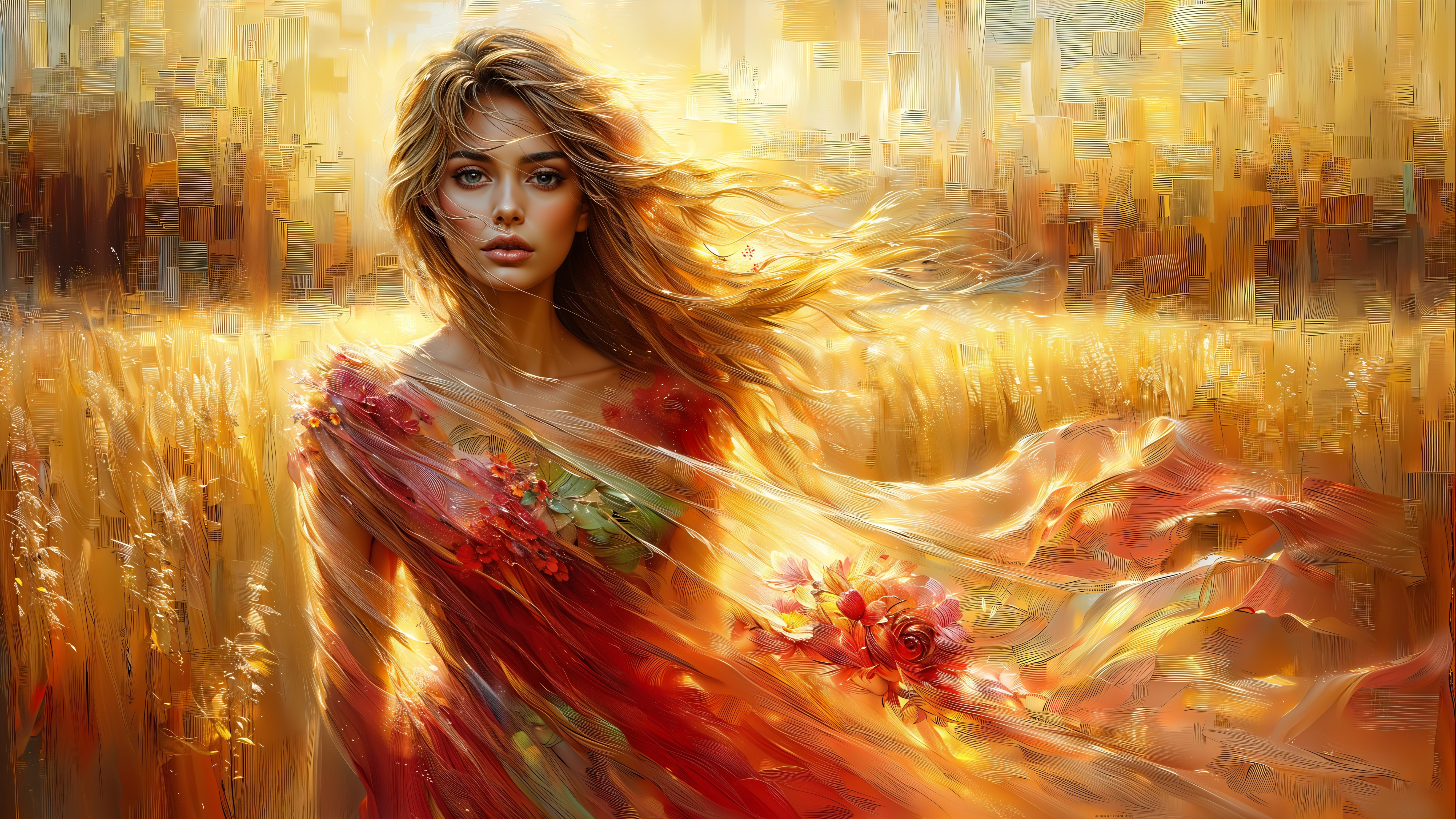 Figure in Red Gown in Golden Field with Floral Patterns