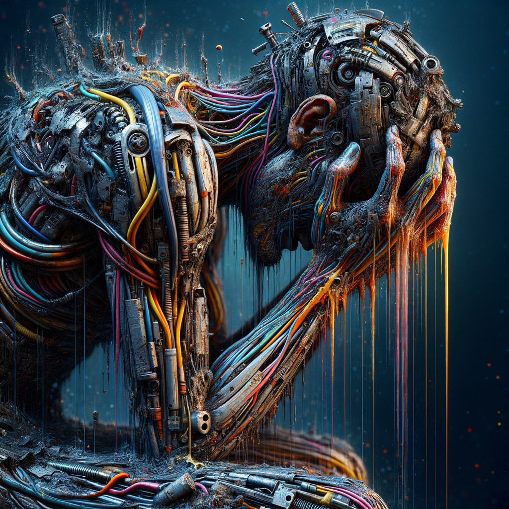 Humanoid Figure in Despair Surrounded by Wires