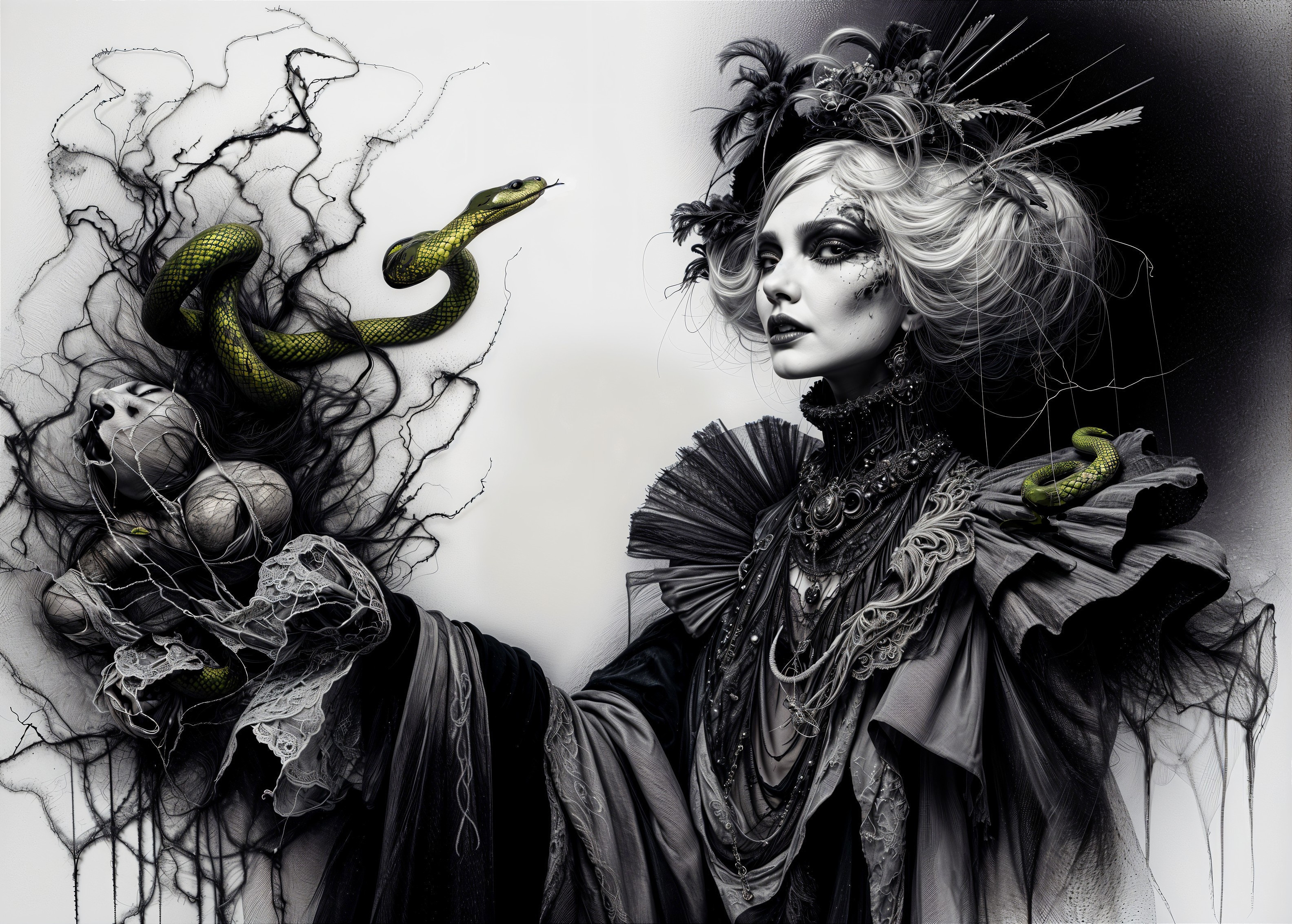 Gothic Portrait of Woman in Dark Attire and Snake