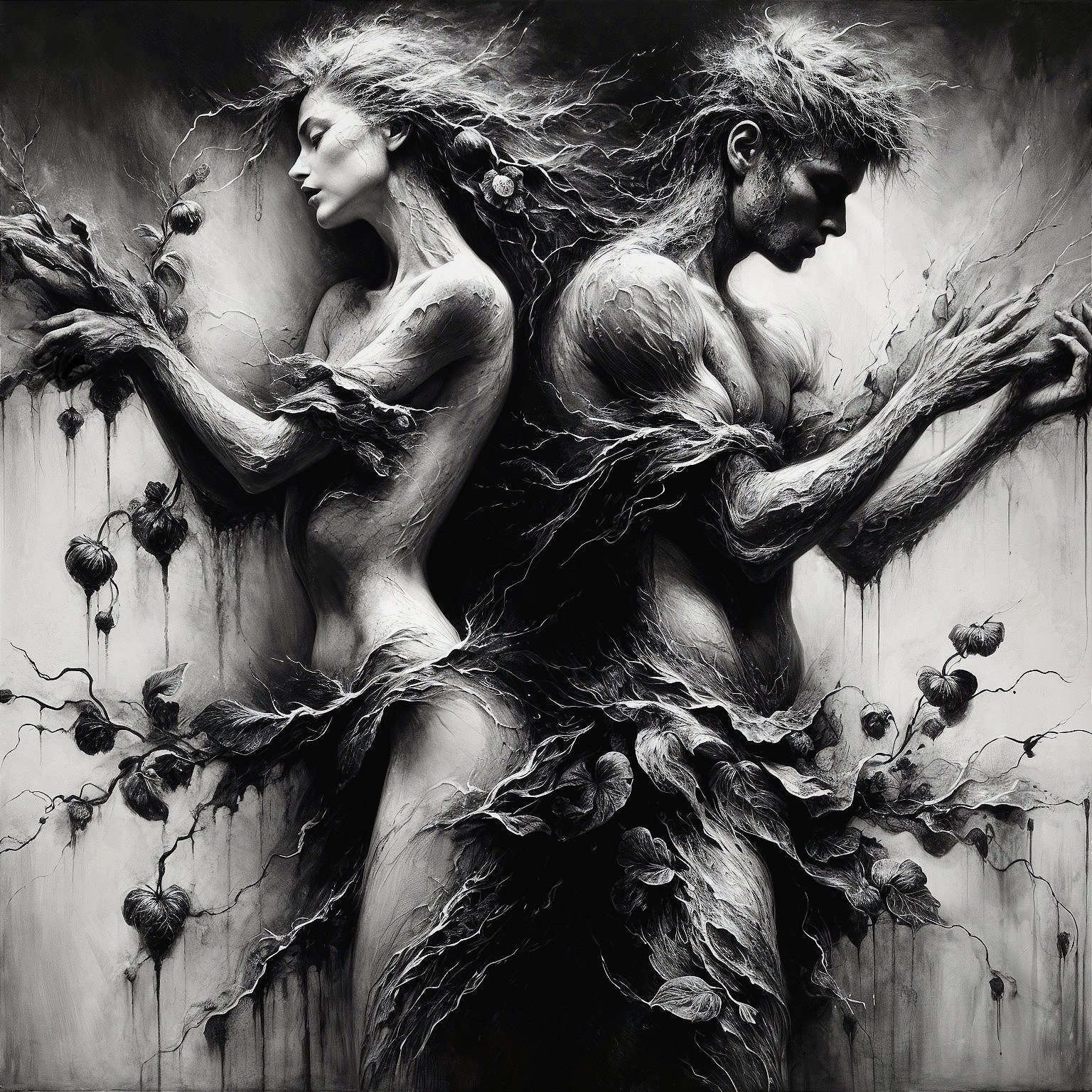 Entwined Figures in Nature-Inspired Artwork