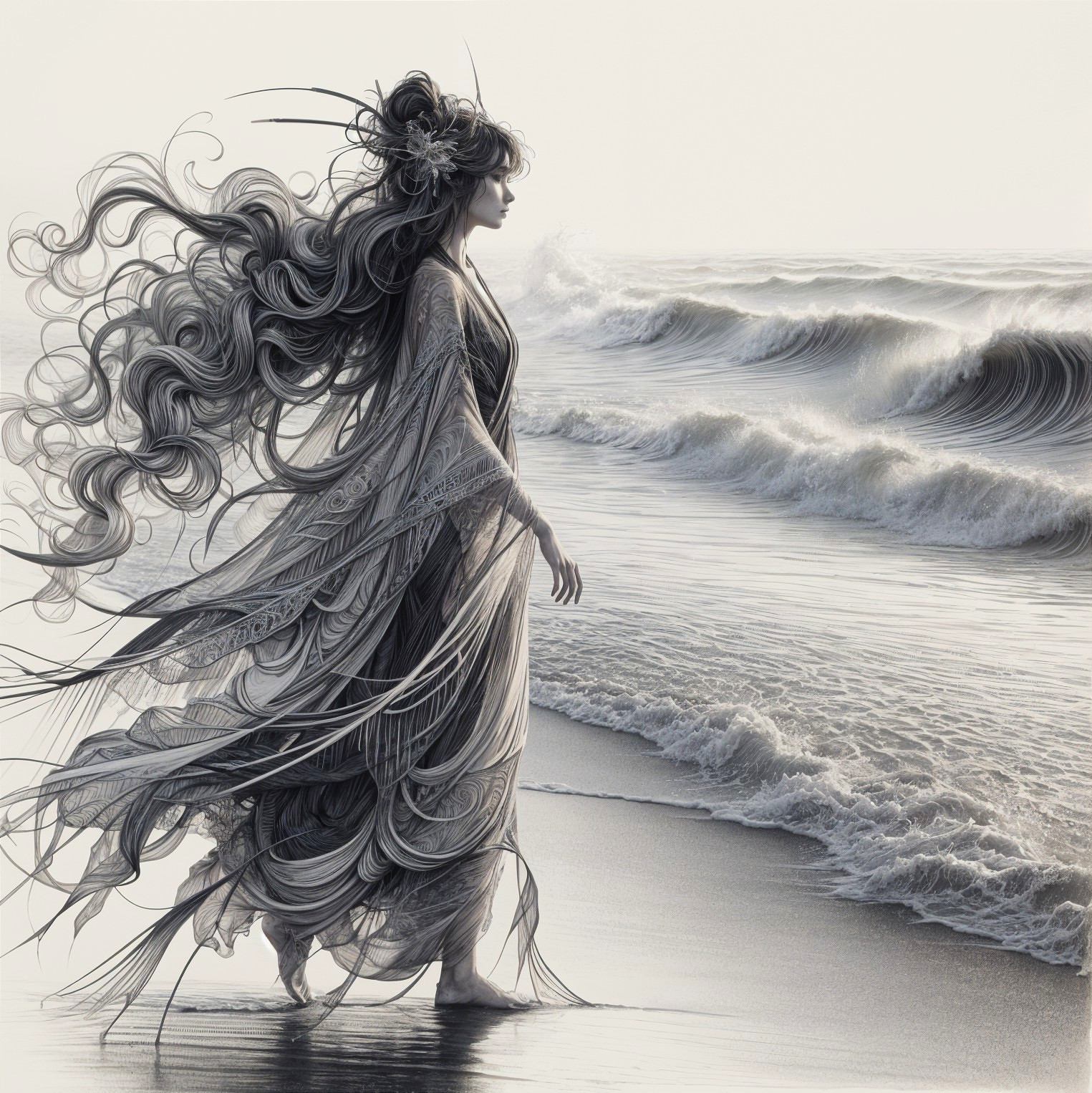 Graceful Figure by the Shore in Monochromatic Scene