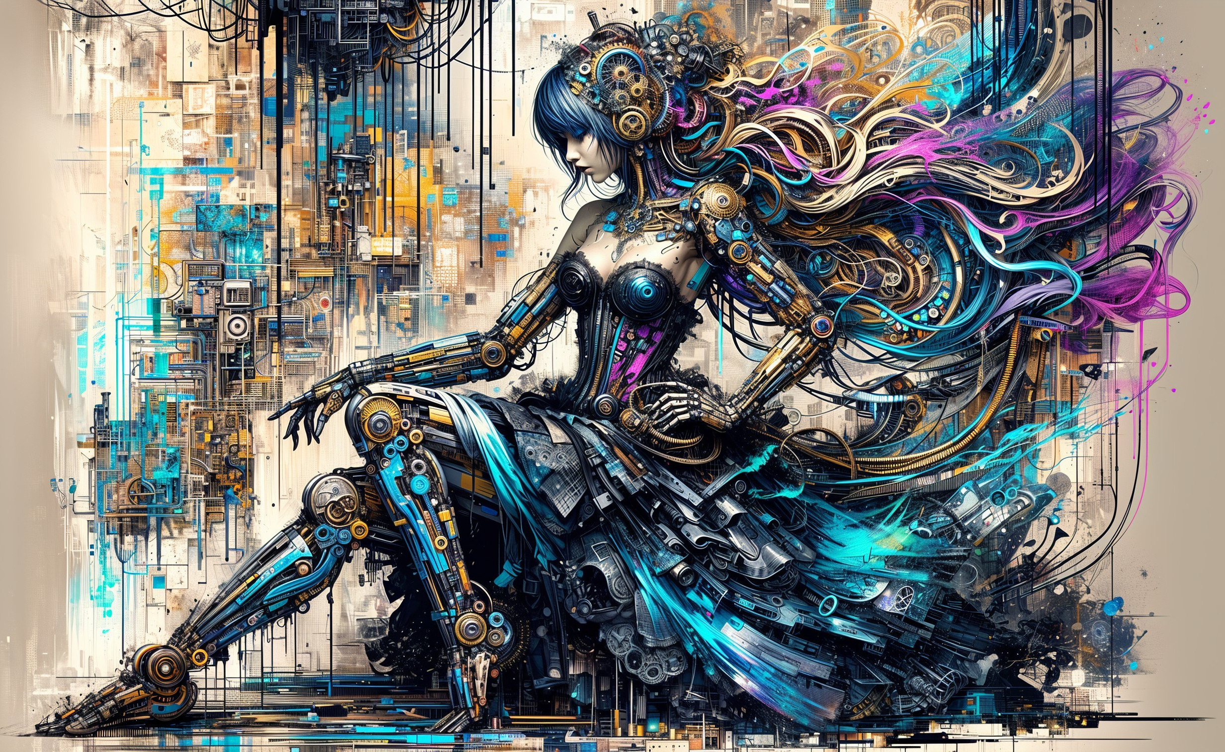 Futuristic Cybernetic Woman in Metallic Dress Design