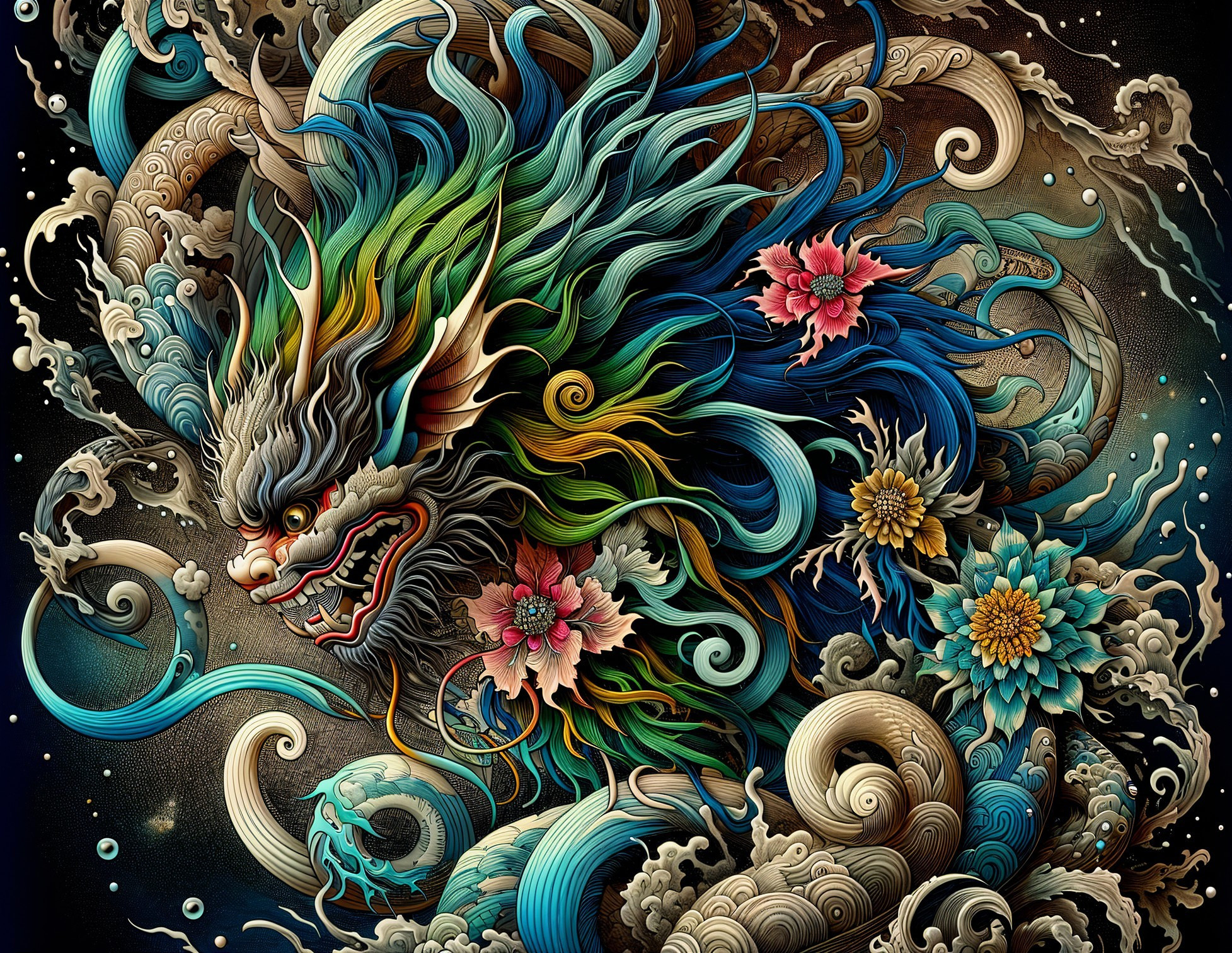 Intricate Mythical Creature with Colorful Hair and Details