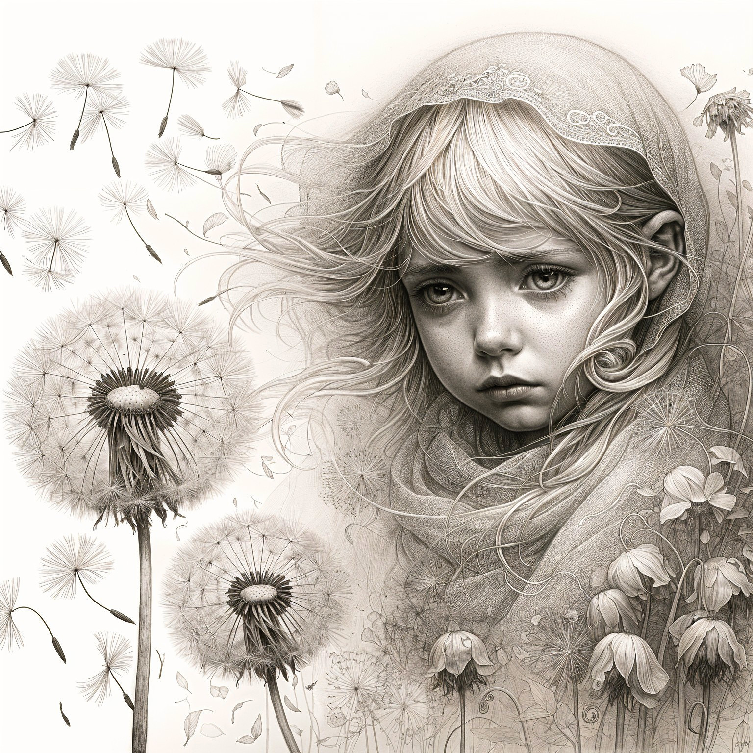 Delicate Ethereal Girl Surrounded by Dandelions and Petals