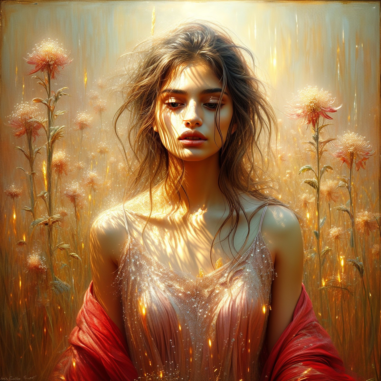 Young woman in a field of flowers with golden light