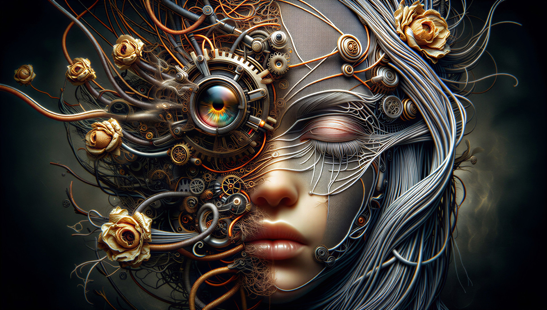 Woman's Face Merged with Gears and Flowers