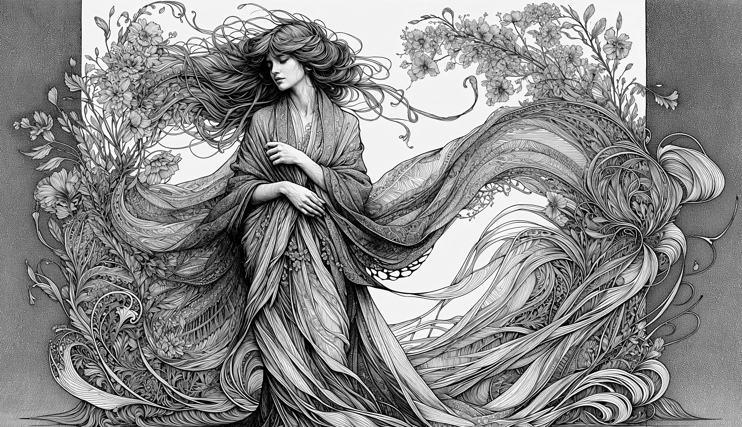 Ethereal figure in floral designs and flowing garments
