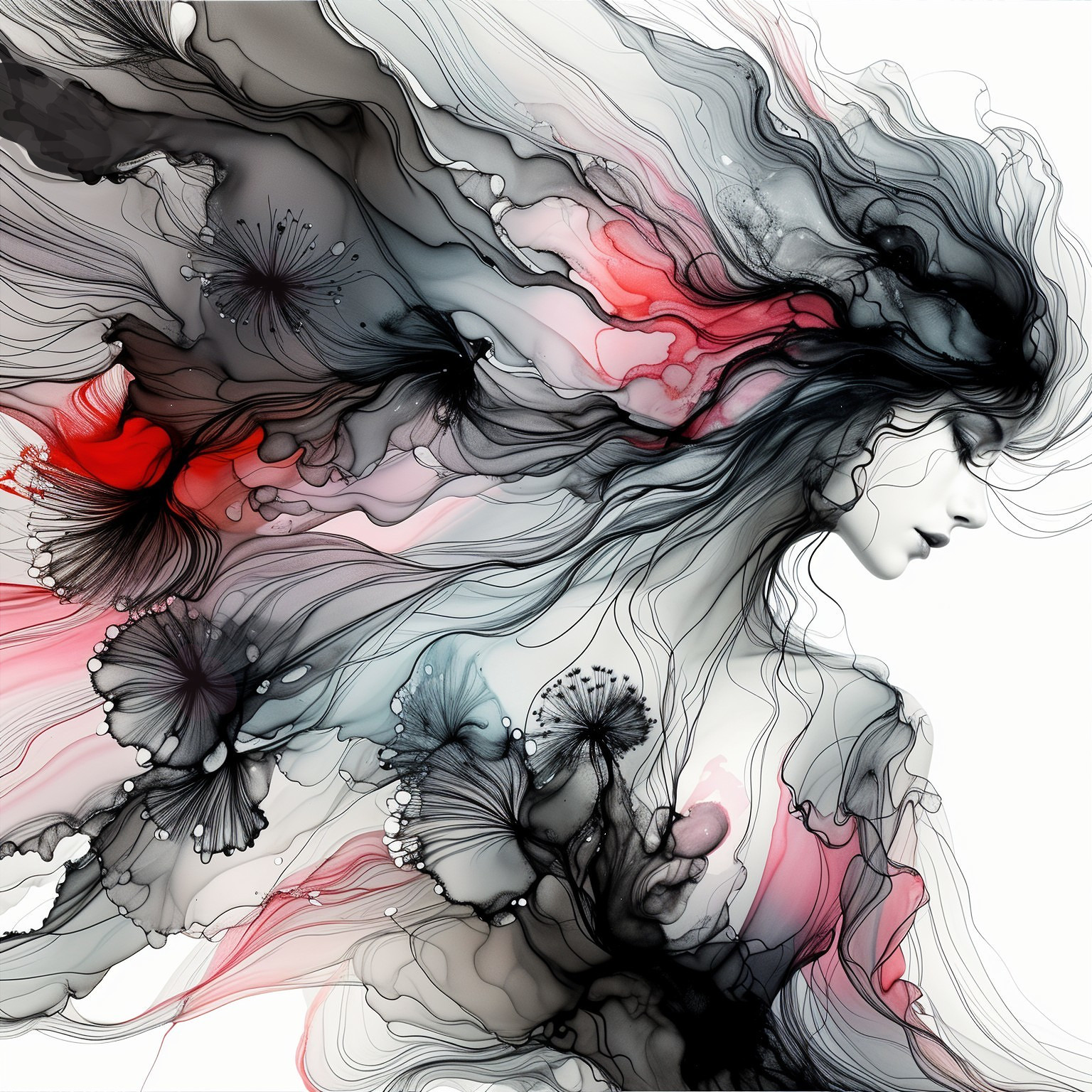 Ethereal Illustration of Female Silhouette with Florals