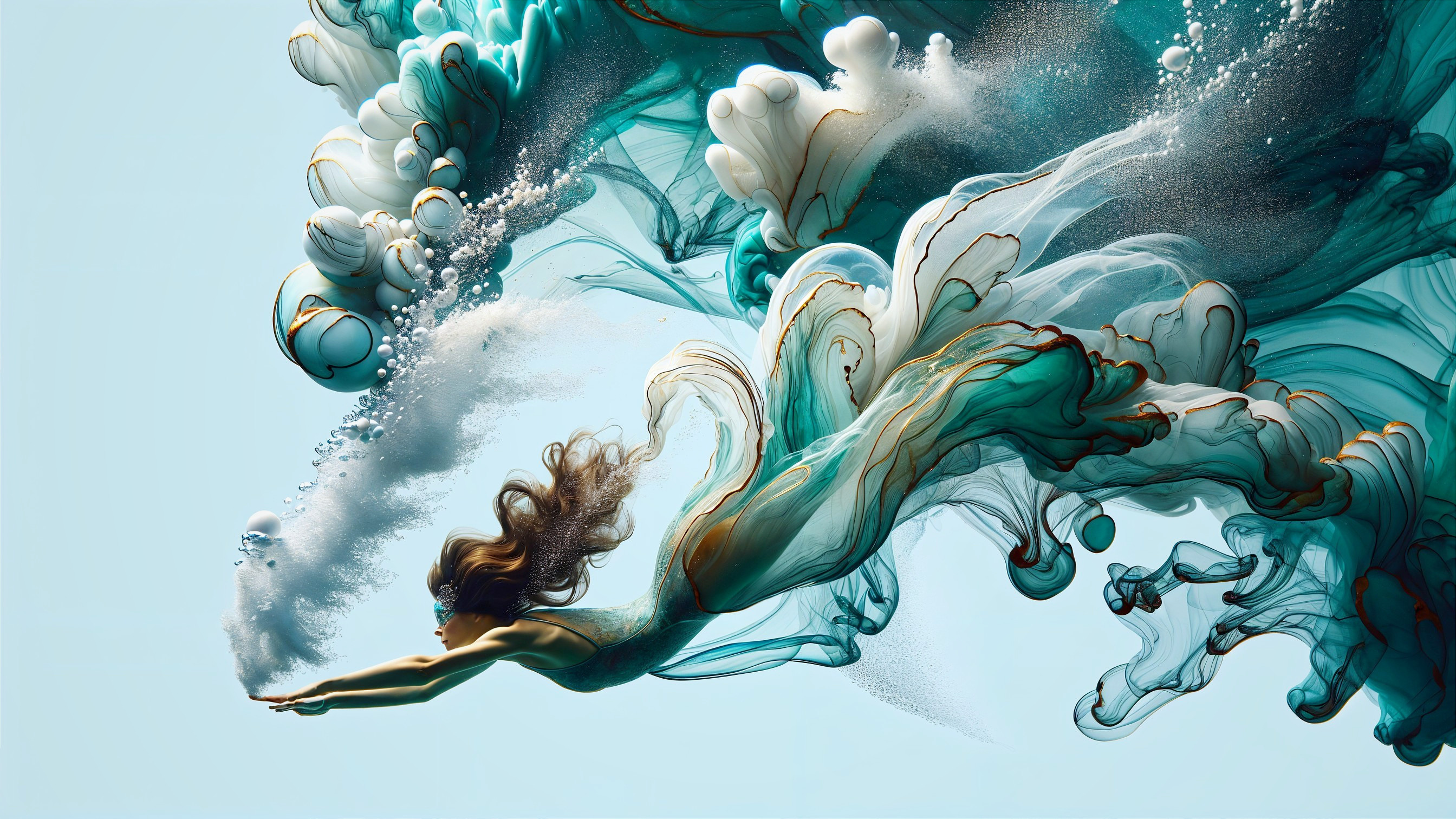 Ethereal figure swimming in aqua-colored waters