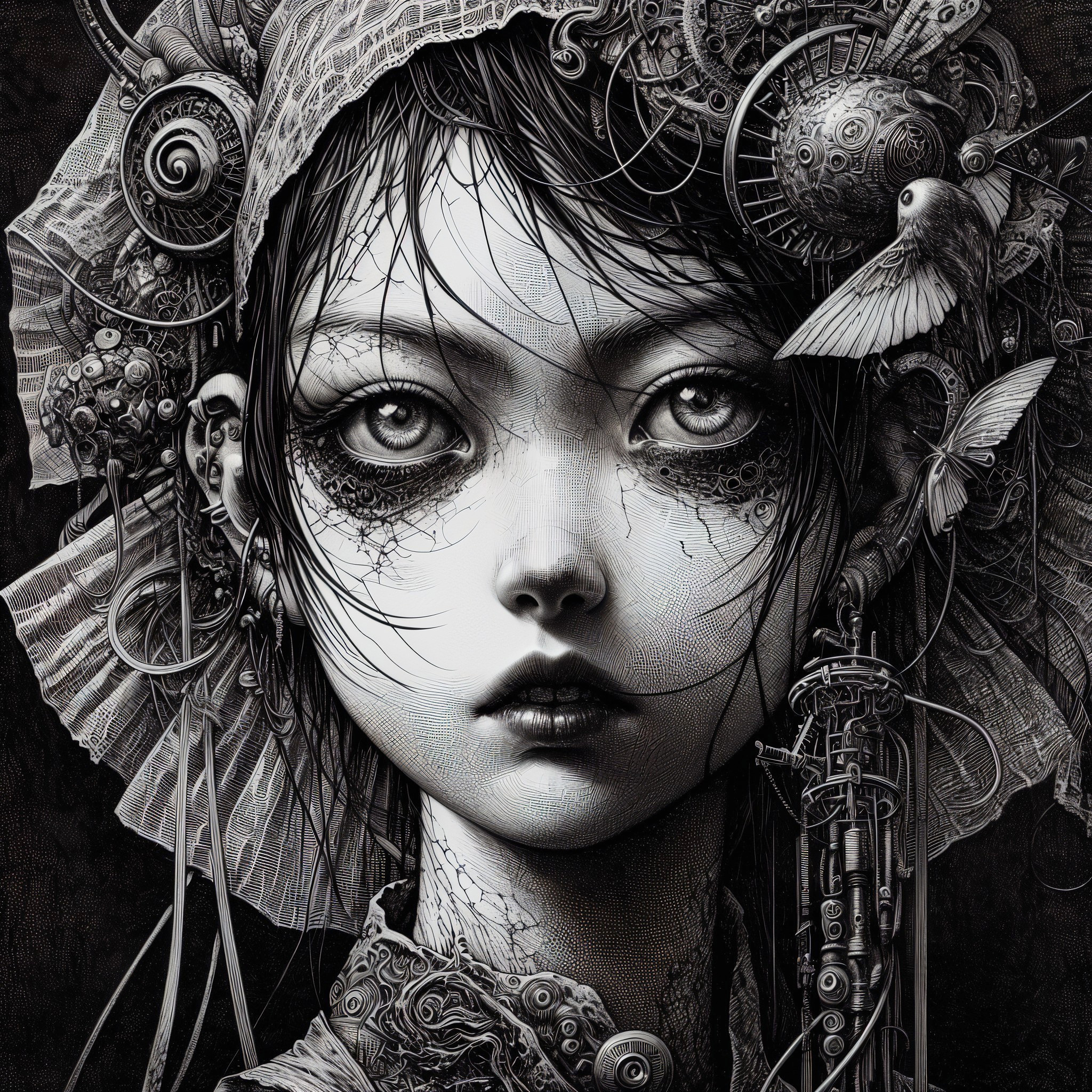 Portrait of a girl with mechanical hair elements