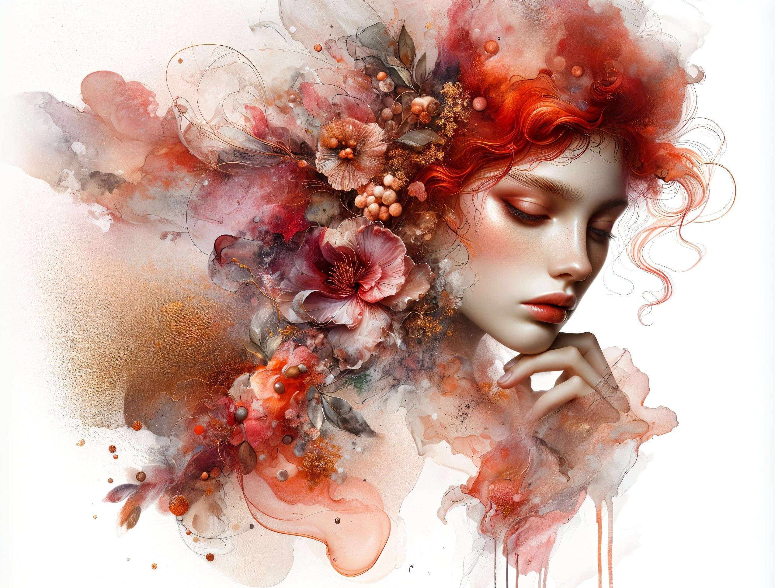 Ethereal portrait of a woman with red hair and flowers