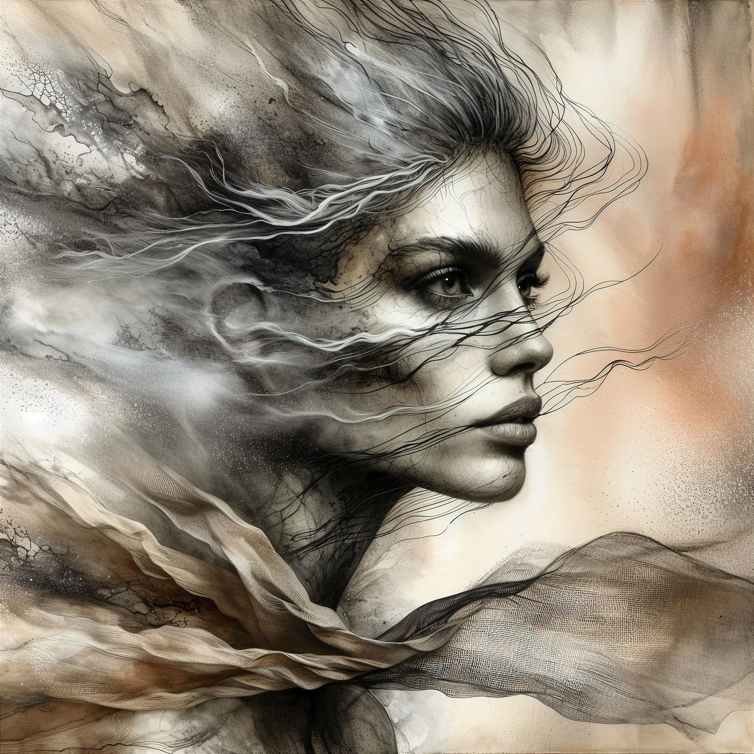 Ethereal Woman's Profile with Abstract Elements