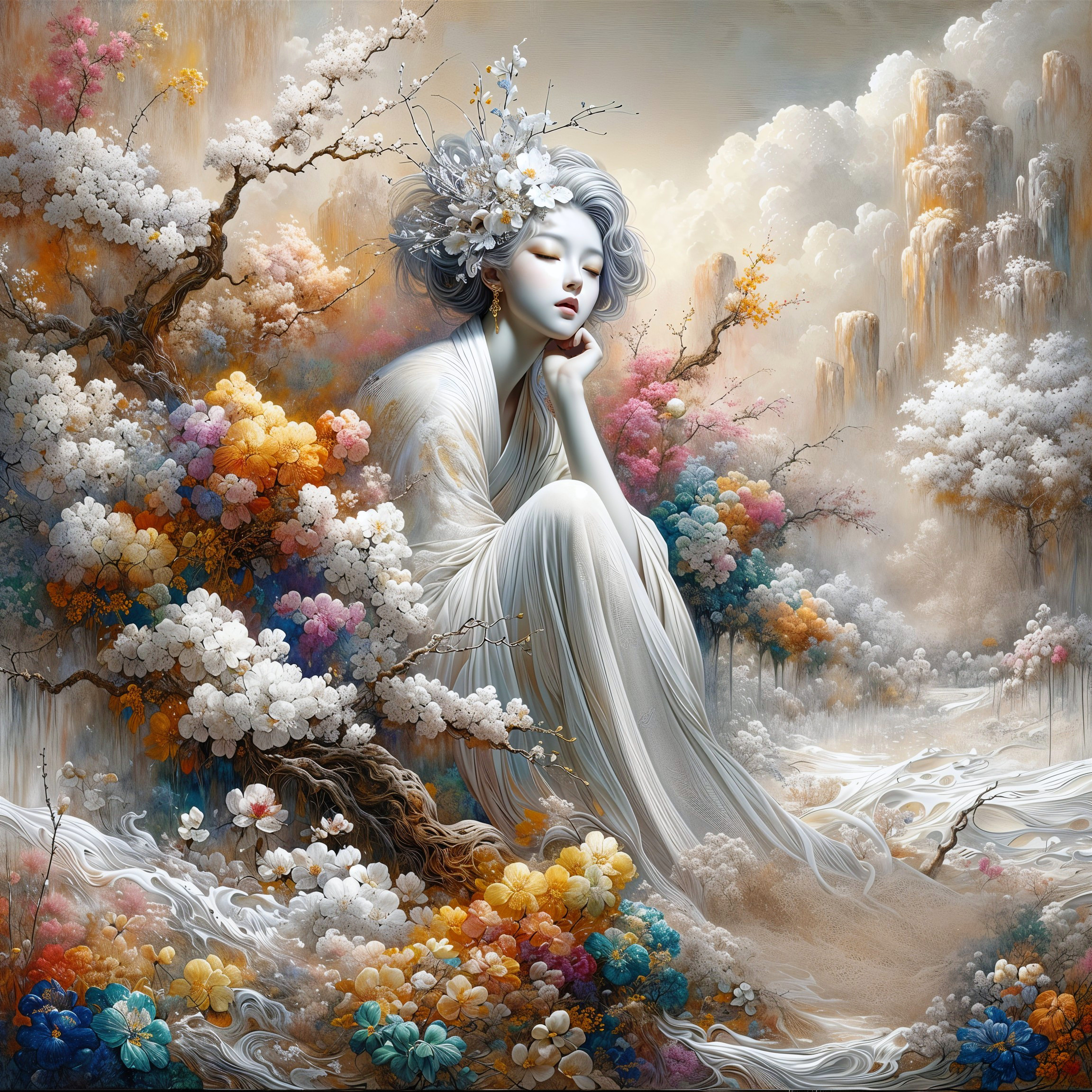 Serene figure in robes amidst a vibrant landscape