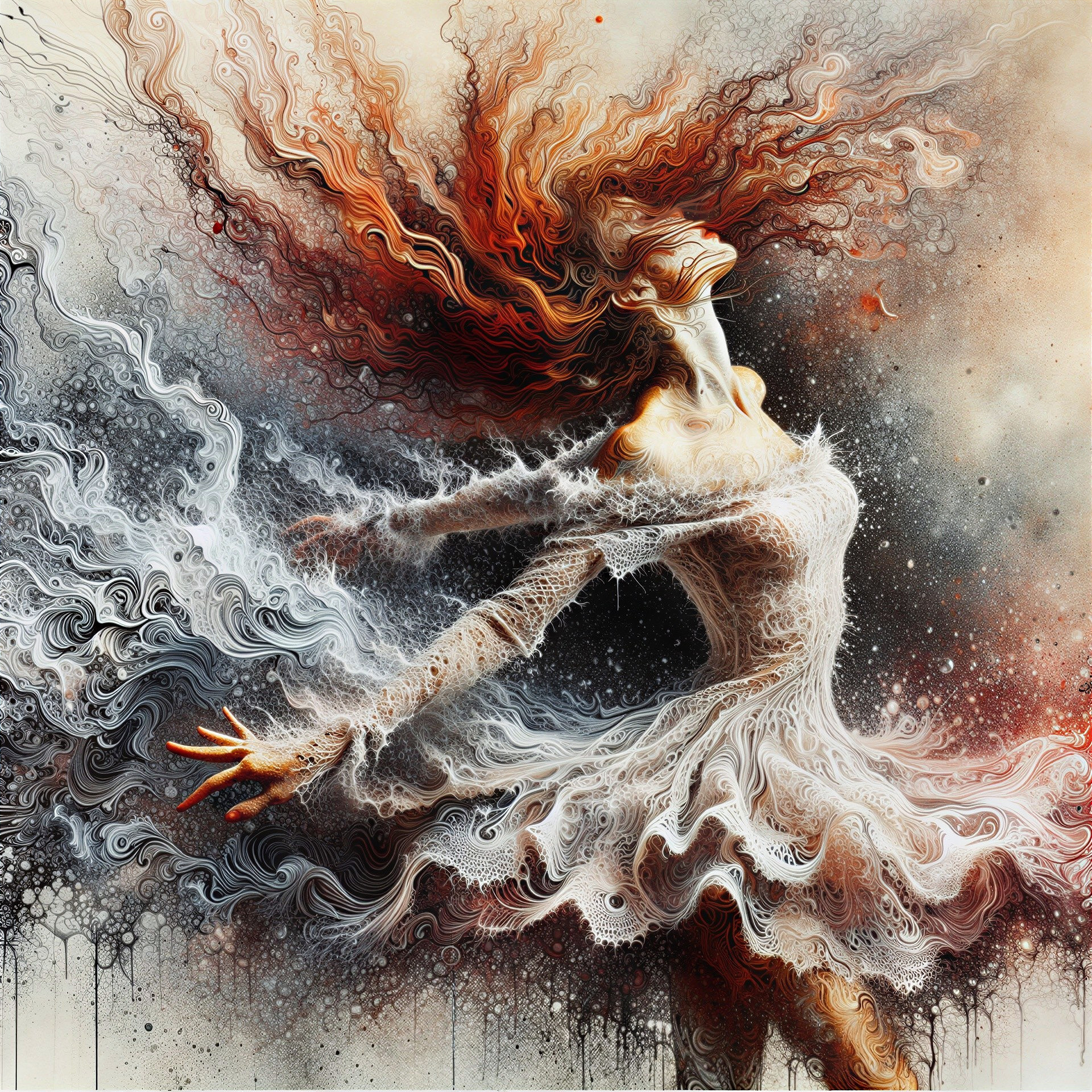 Graceful Dance with Flowing Hair and Colorful Patterns