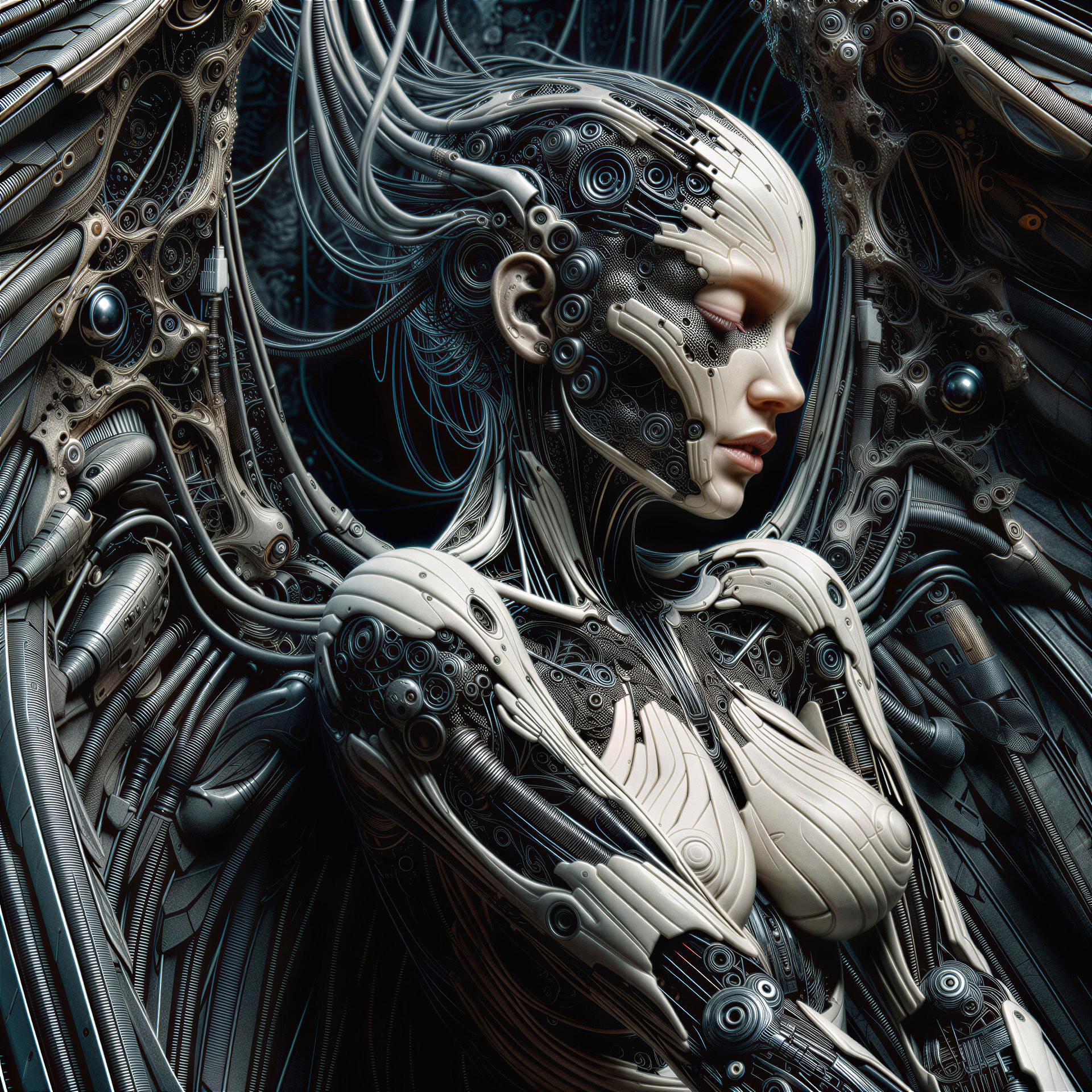 Futuristic humanoid figure with mechanical components