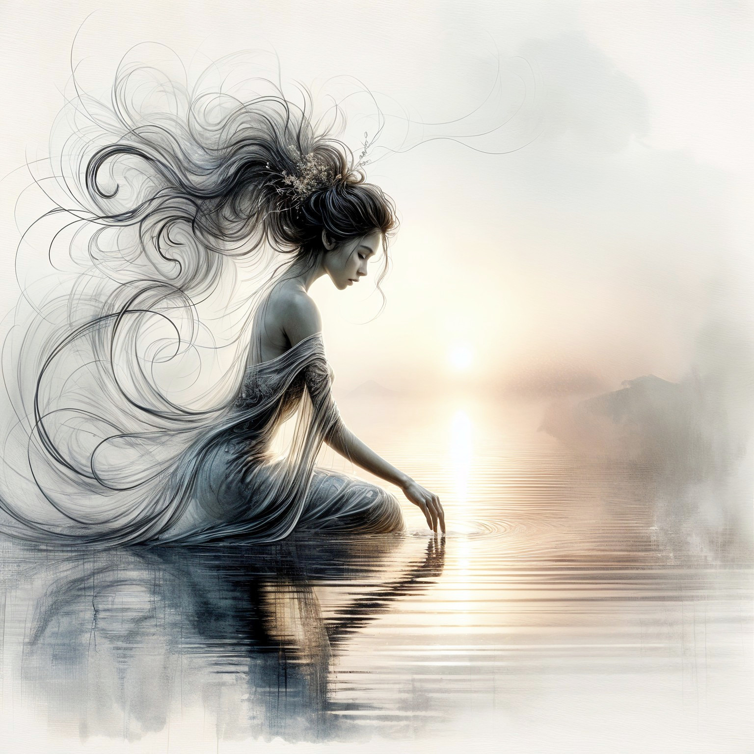Serene Figure at Water's Edge During Sunrise