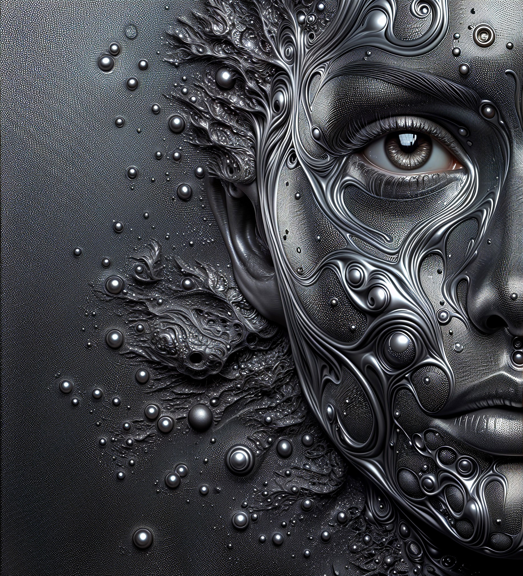 Surreal Metallic Face with Intricate Patterns and Textures