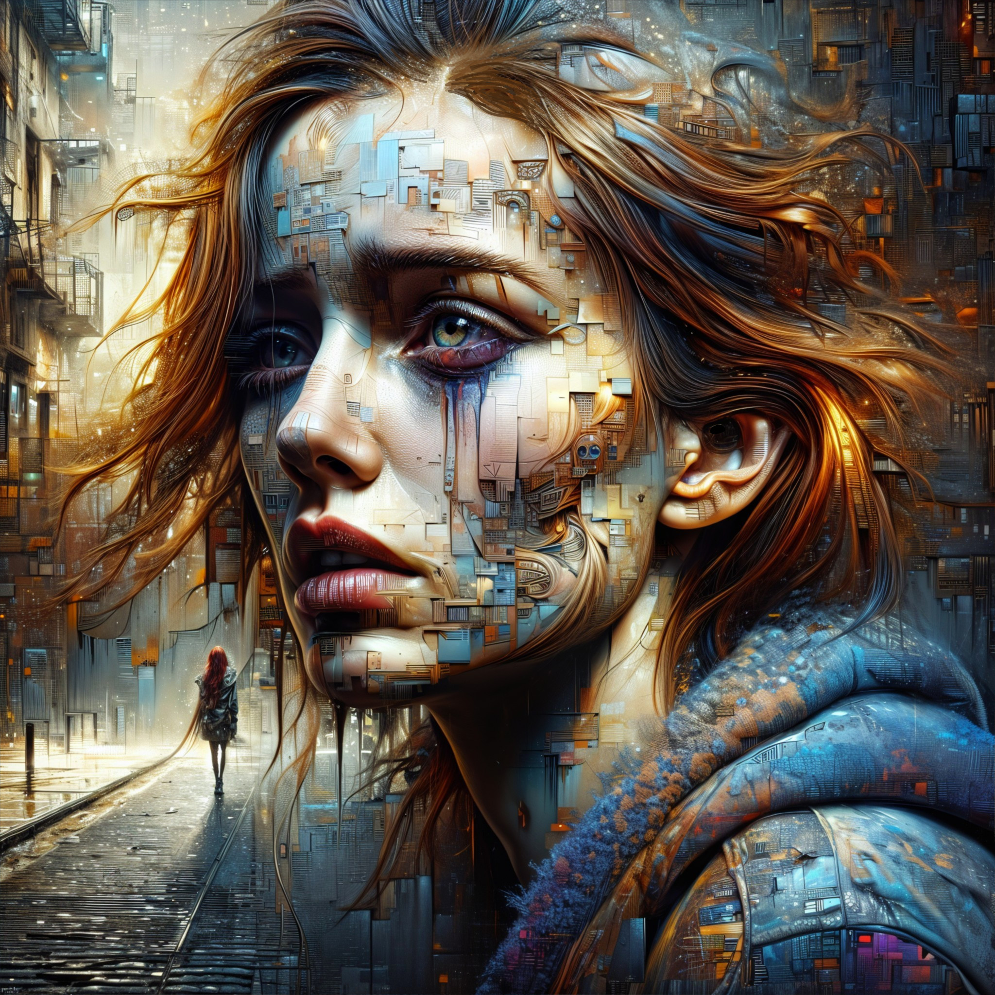 Young Woman with Emotionally Charged Expression and Mosaic
