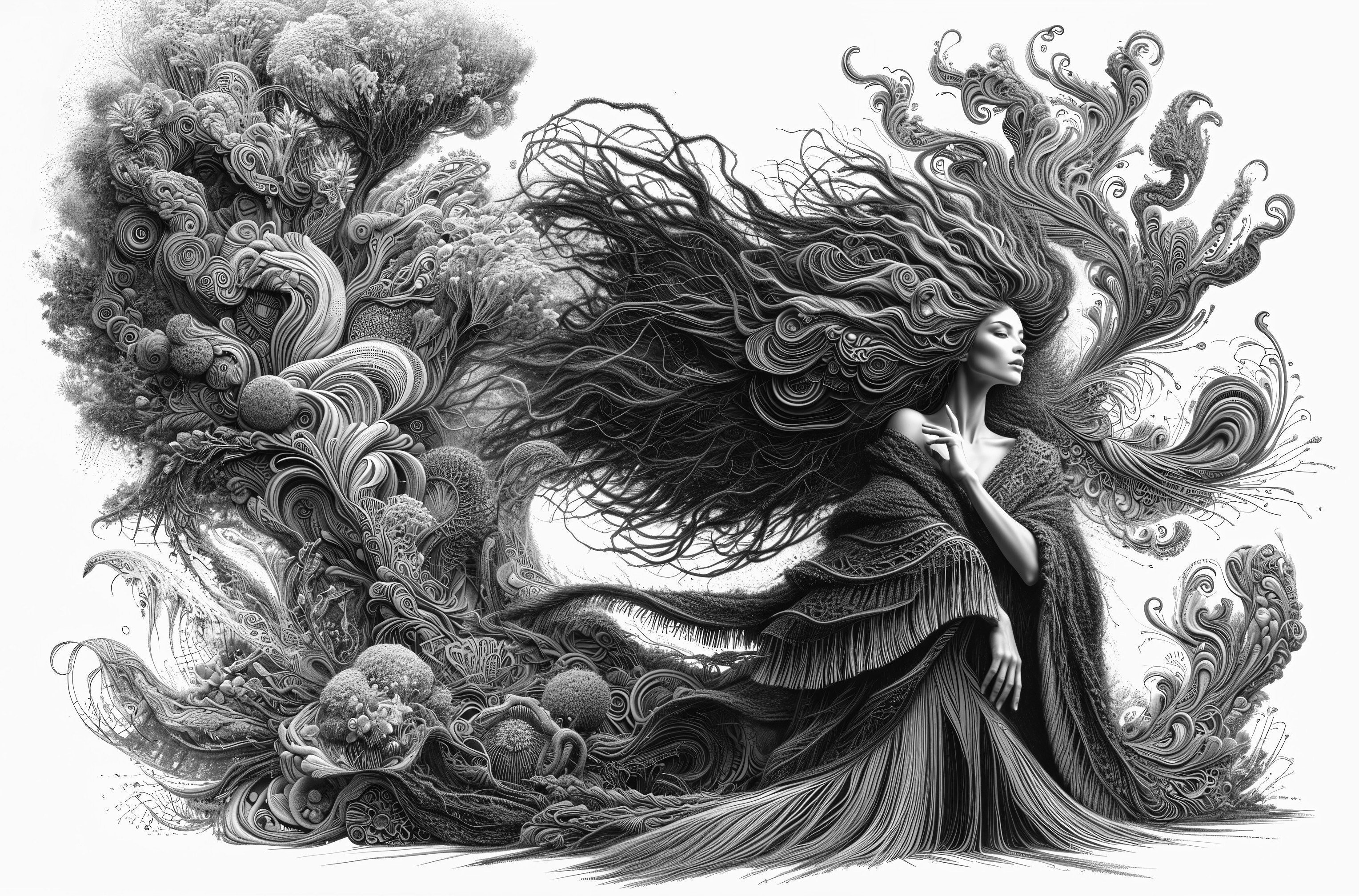 Monochromatic Illustration of Woman in Abstract Landscape